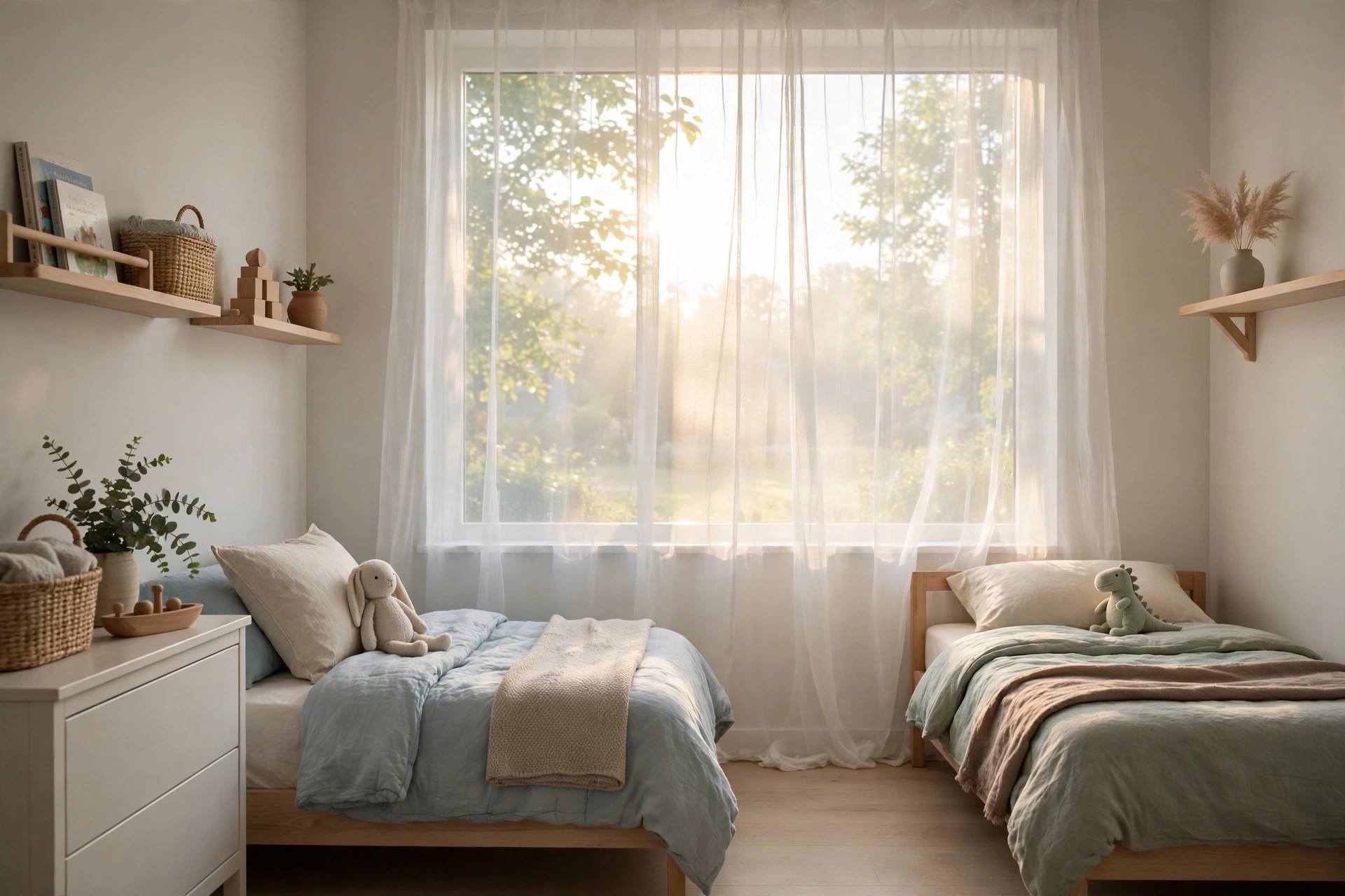 Sheer white curtain layer over a bright bedroom window softening early morning sun above two beds