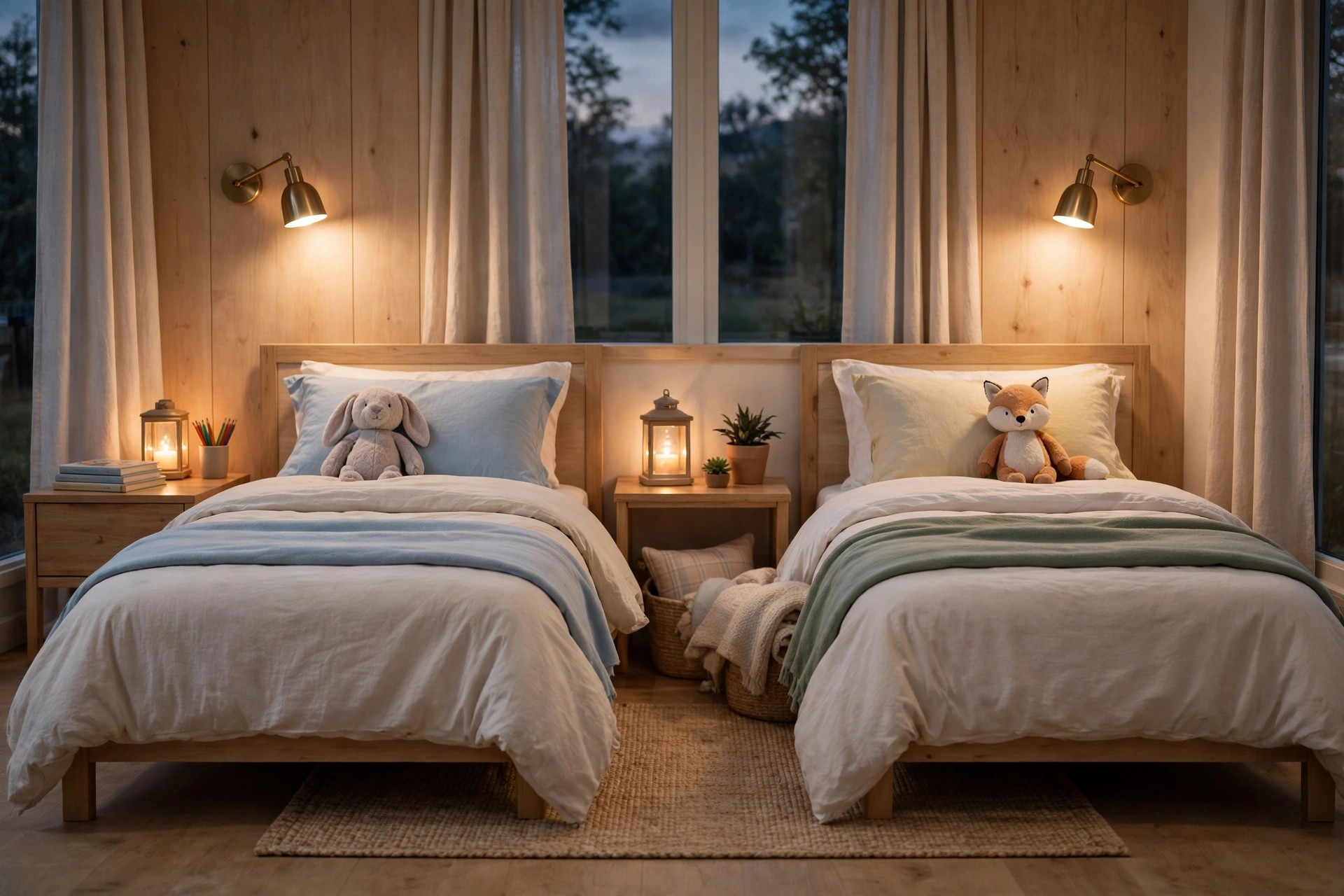 Two made beds at dusk, each with its own glowing lantern on its nightstand