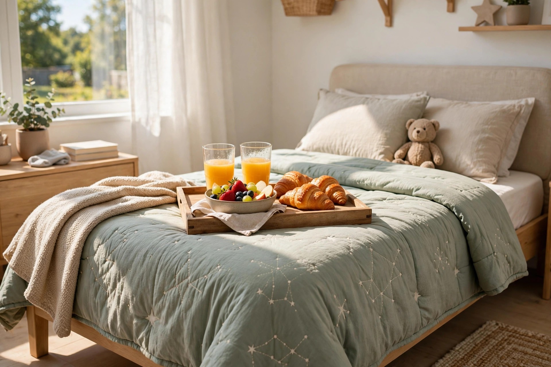 Breakfast tray with juice glasses, croissants and a fruit bowl on a made kids bed in morning light