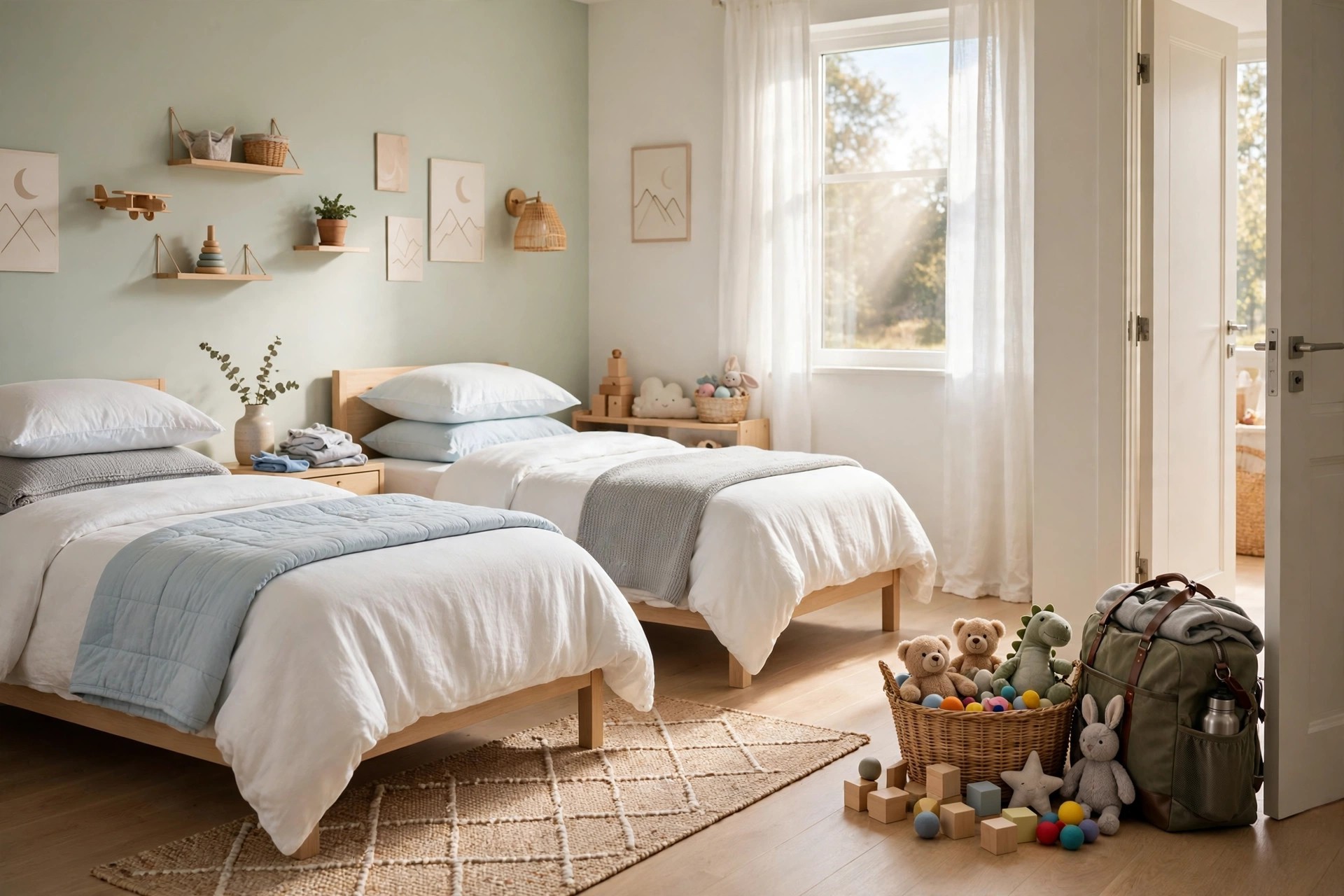 Tidied kids bedroom in the morning with beds made, a basket of gathered toys and a packed guest bag by the door
