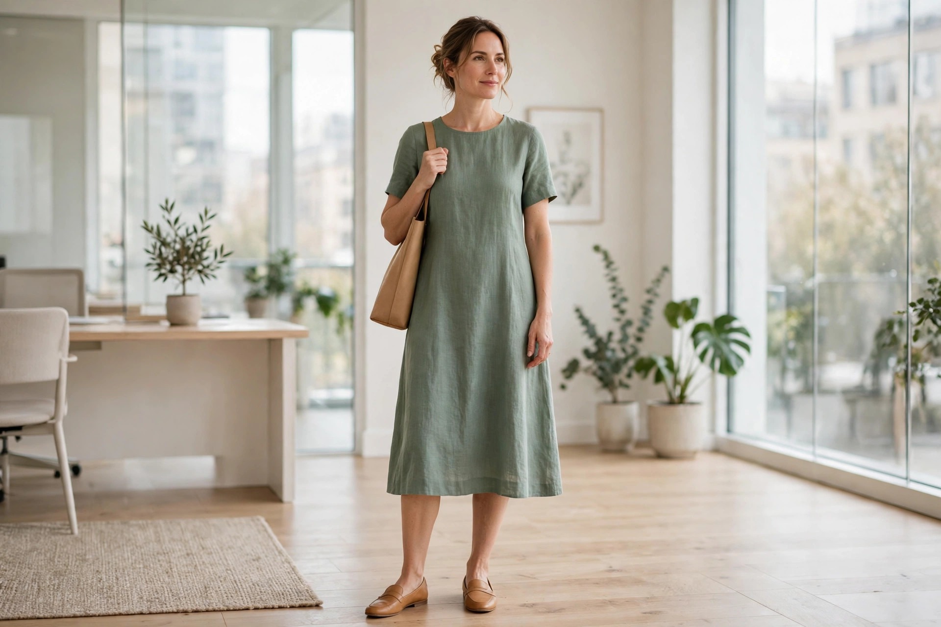A woman wearing a sage linen blend A-line midi dress just below the knee with tan flats in a bright office