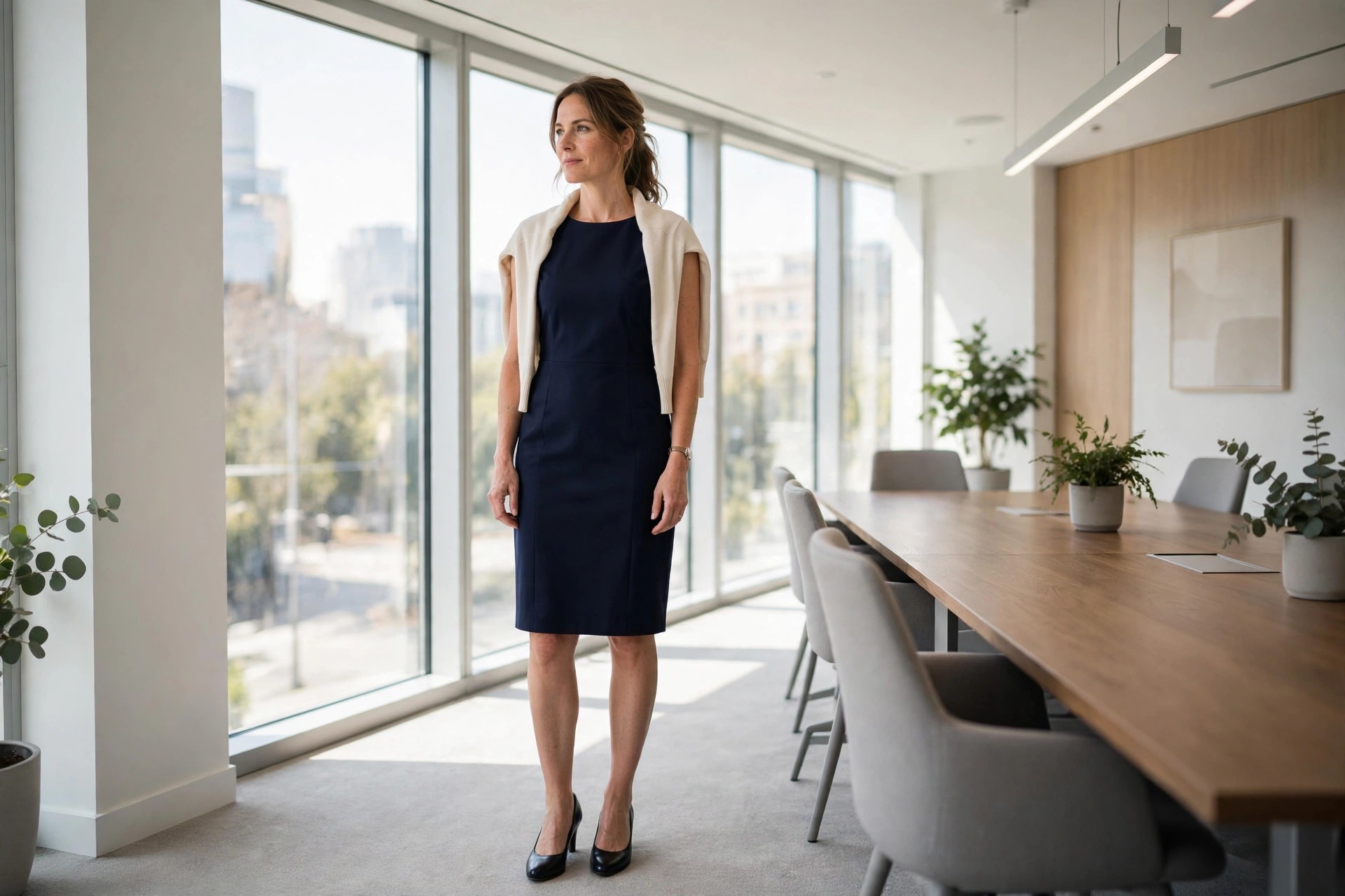 A woman wearing a navy sleeveless sheath dress with a light cardigan in a meeting room