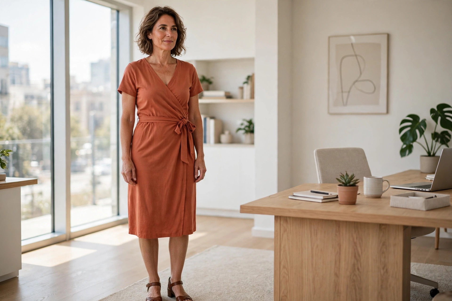 A woman wearing a terracotta cotton jersey wrap dress with brown sandals in an office