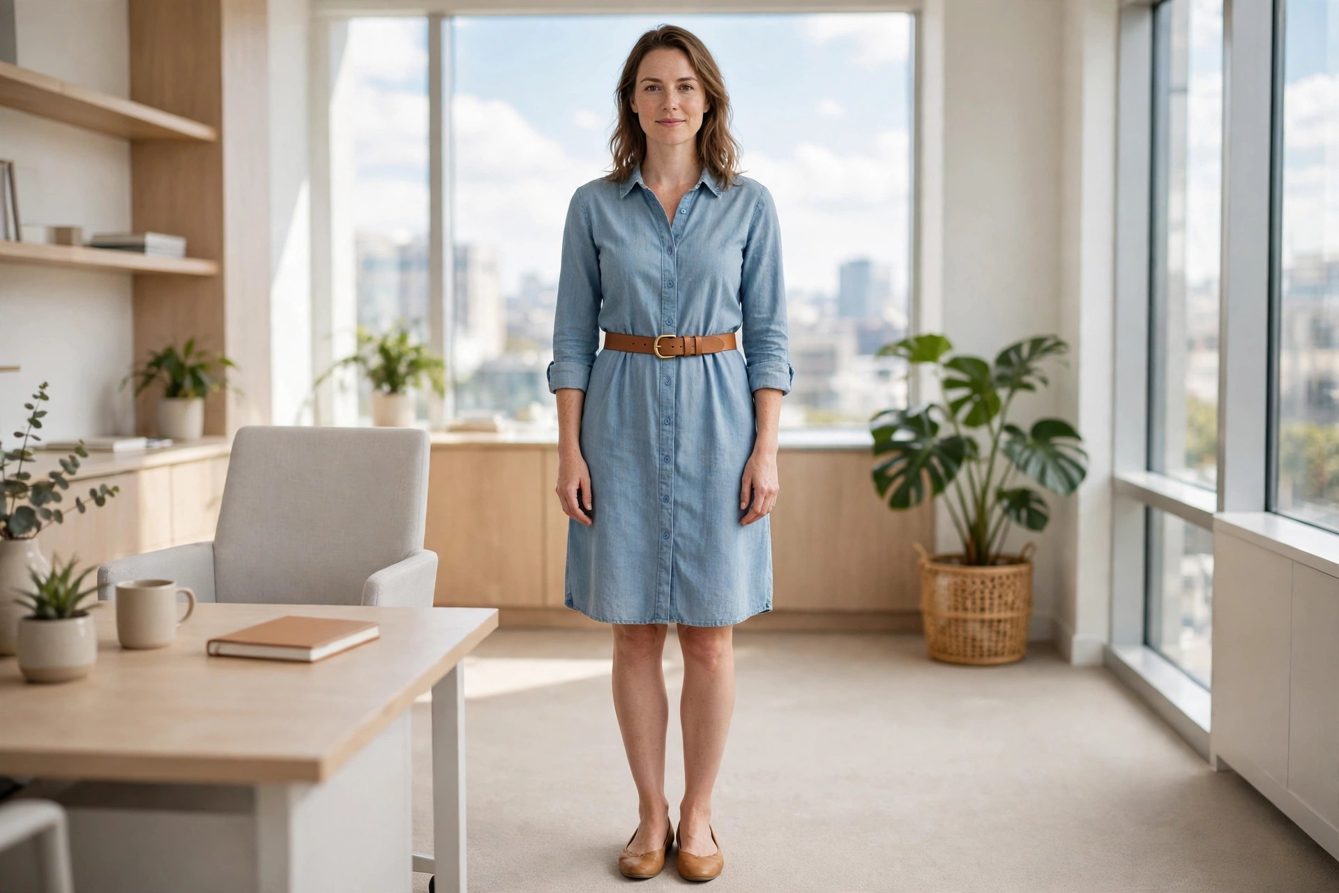A woman wearing a chambray shirt dress with rolled sleeves and a tan belt in an office