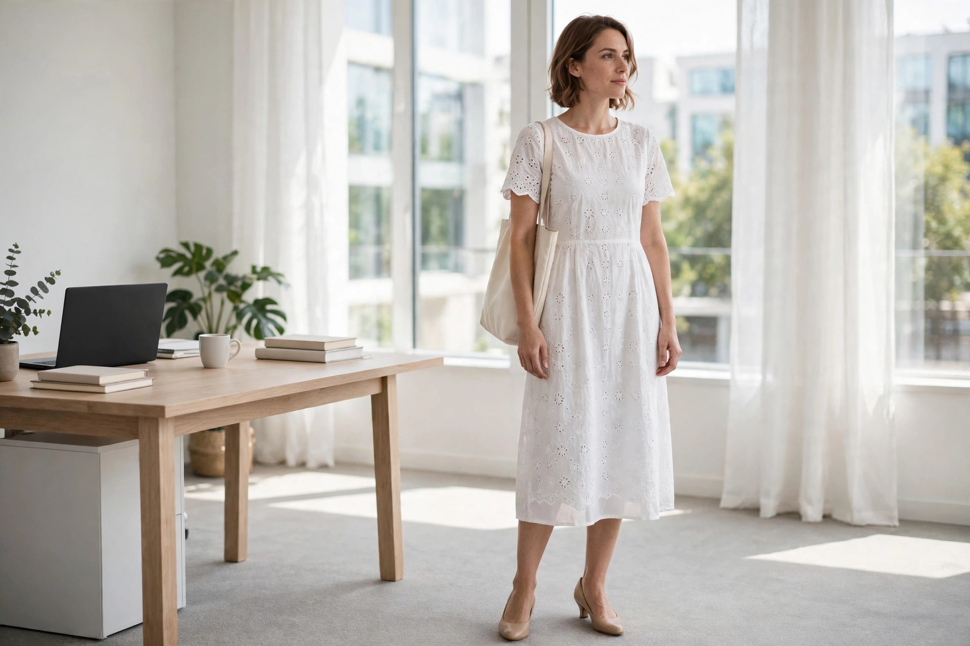 A woman wearing a white eyelet cotton midi dress with lining and nude low heels in an office