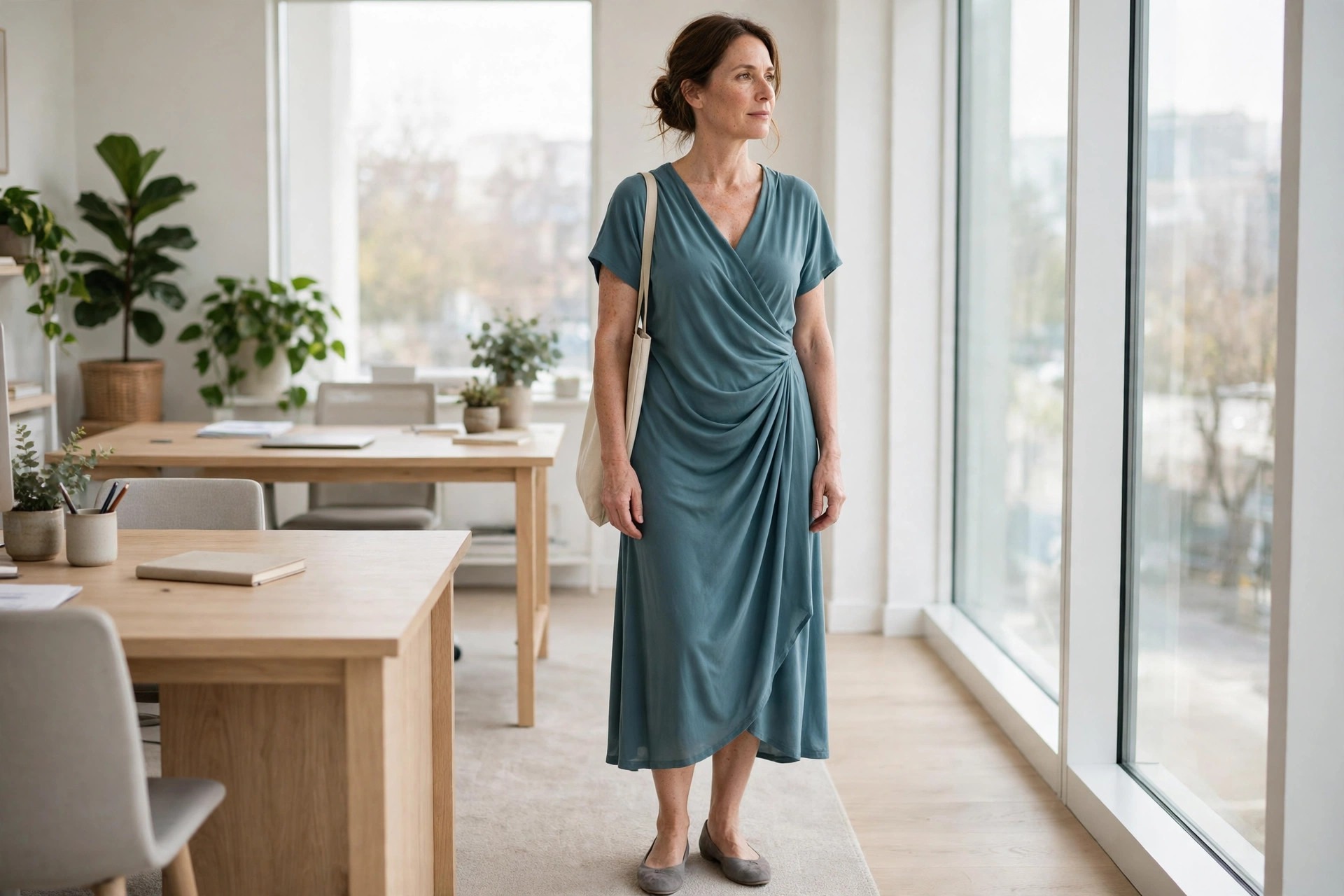 A woman wearing a dusty teal Tencel drape midi dress with gray flats in an office