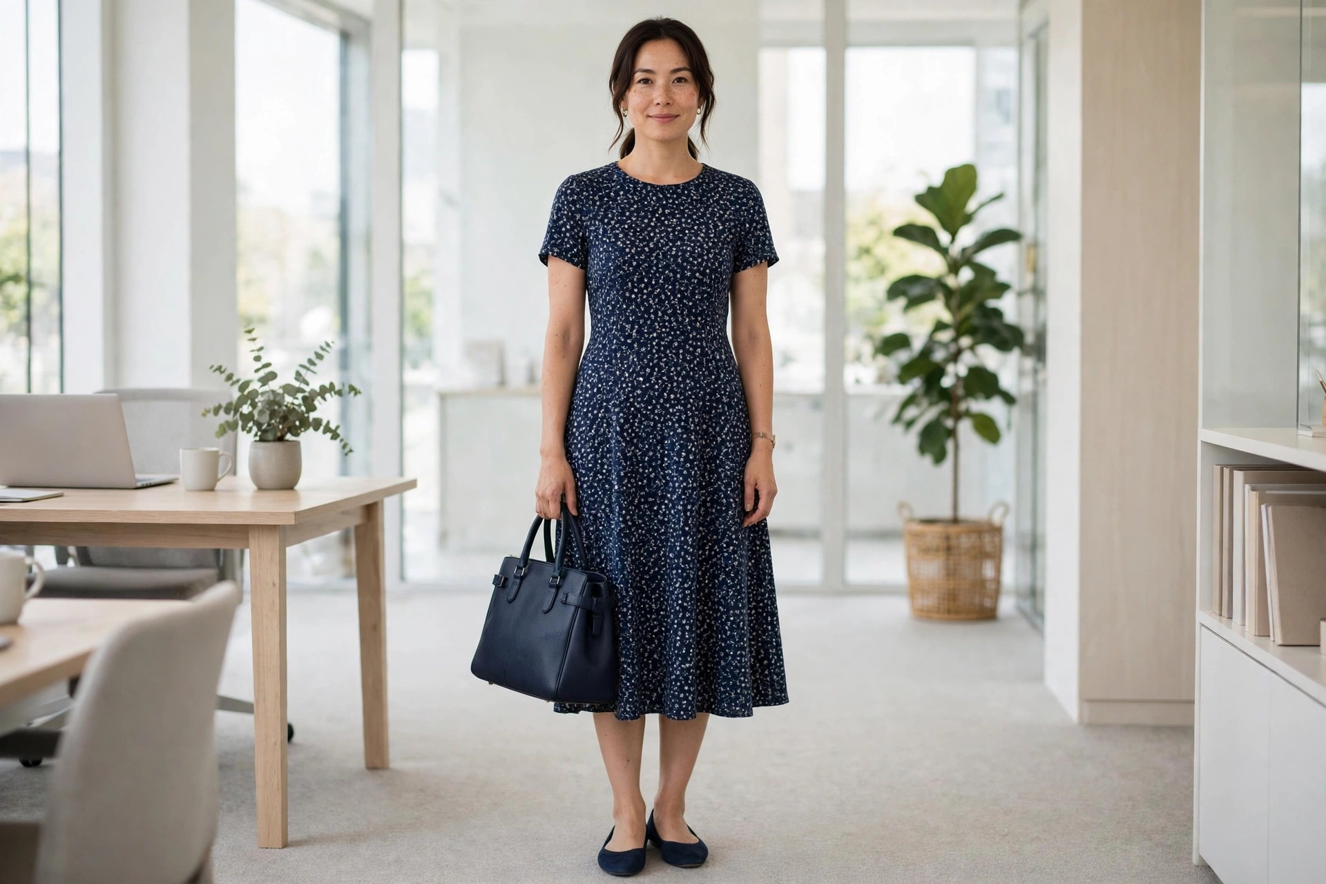 A woman wearing a small print navy A-line midi dress with navy flats in an office