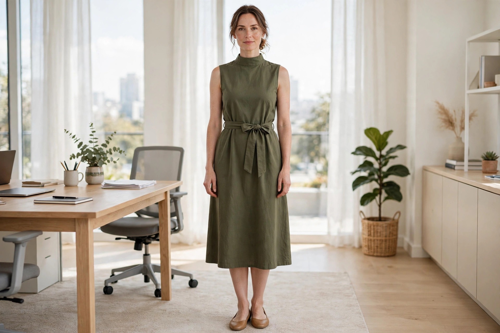 A woman wearing an olive belted sleeveless cotton midi dress in an office