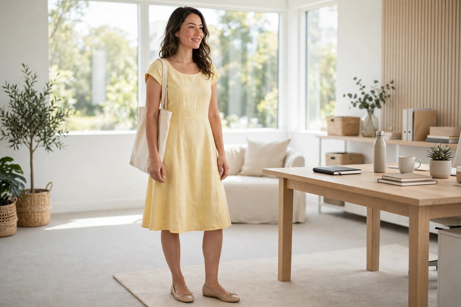 A woman wearing a butter yellow cap sleeve A-line dress with a cream tote in an office
