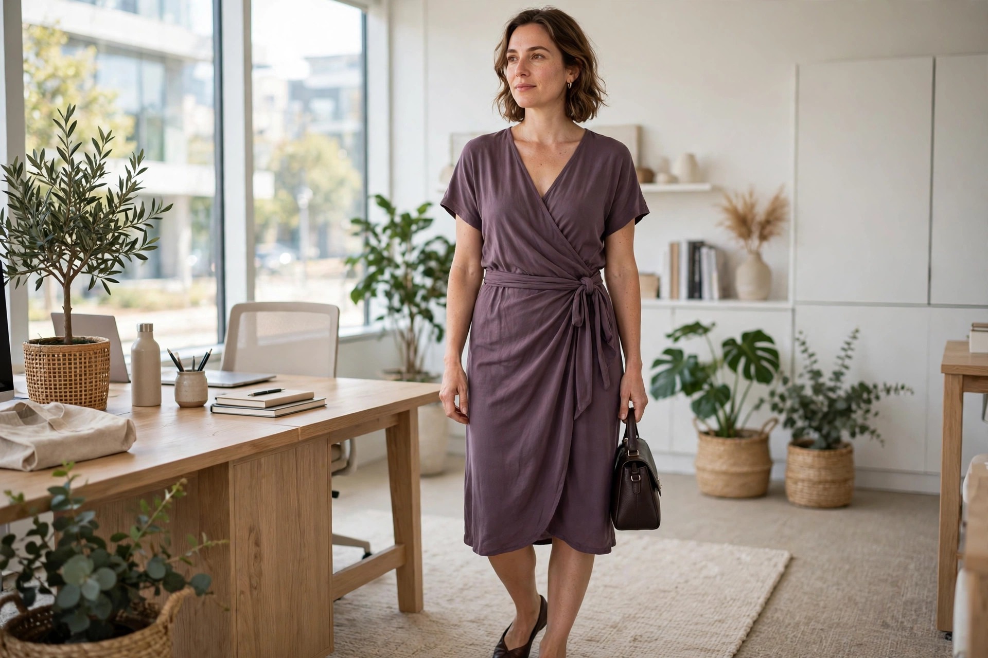 A woman wearing a muted plum viscose wrap dress with dark brown flats in an office