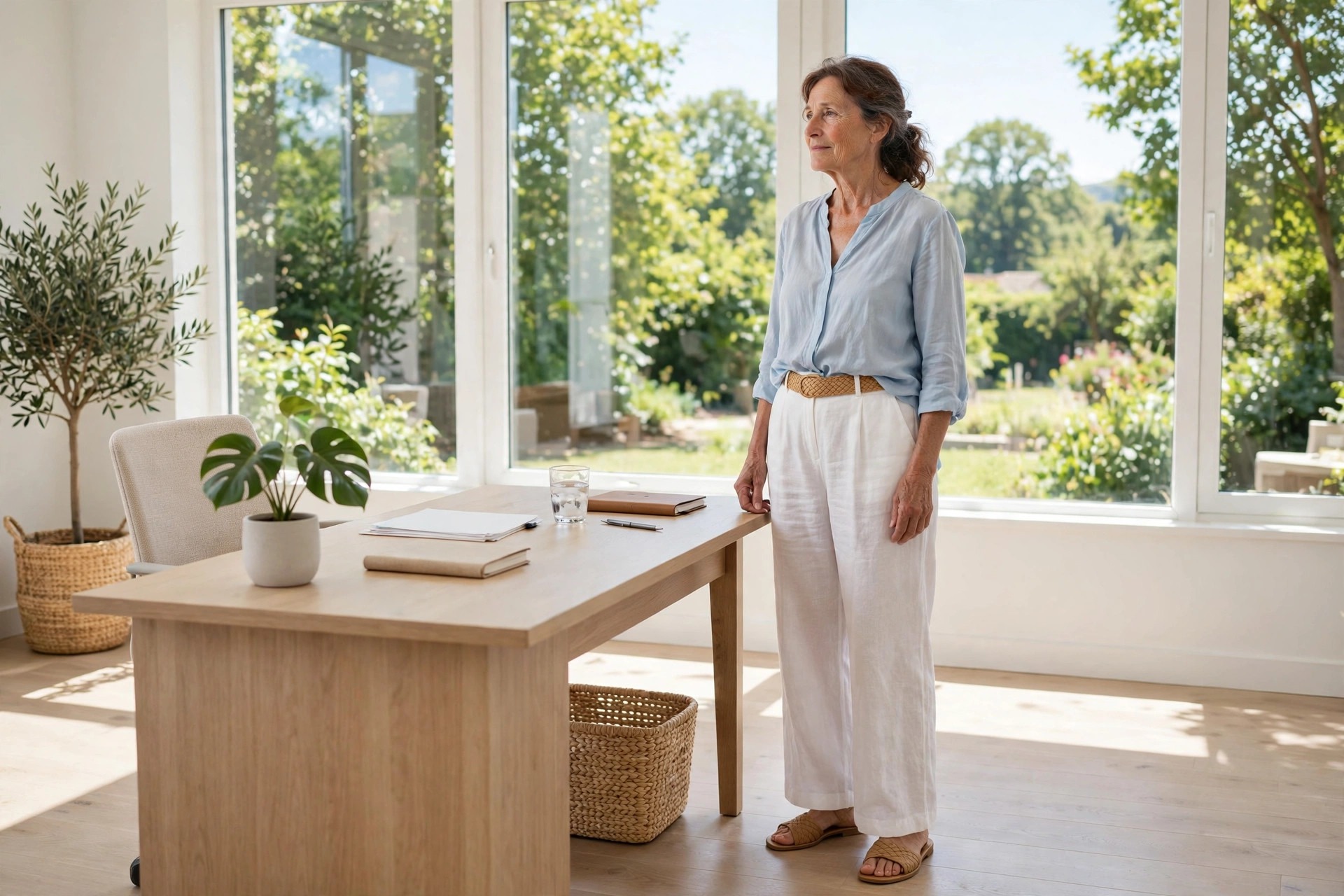 Woman over 50 in white linen wide-leg trousers and a pale blue blouse with a tan woven belt standing by an office desk