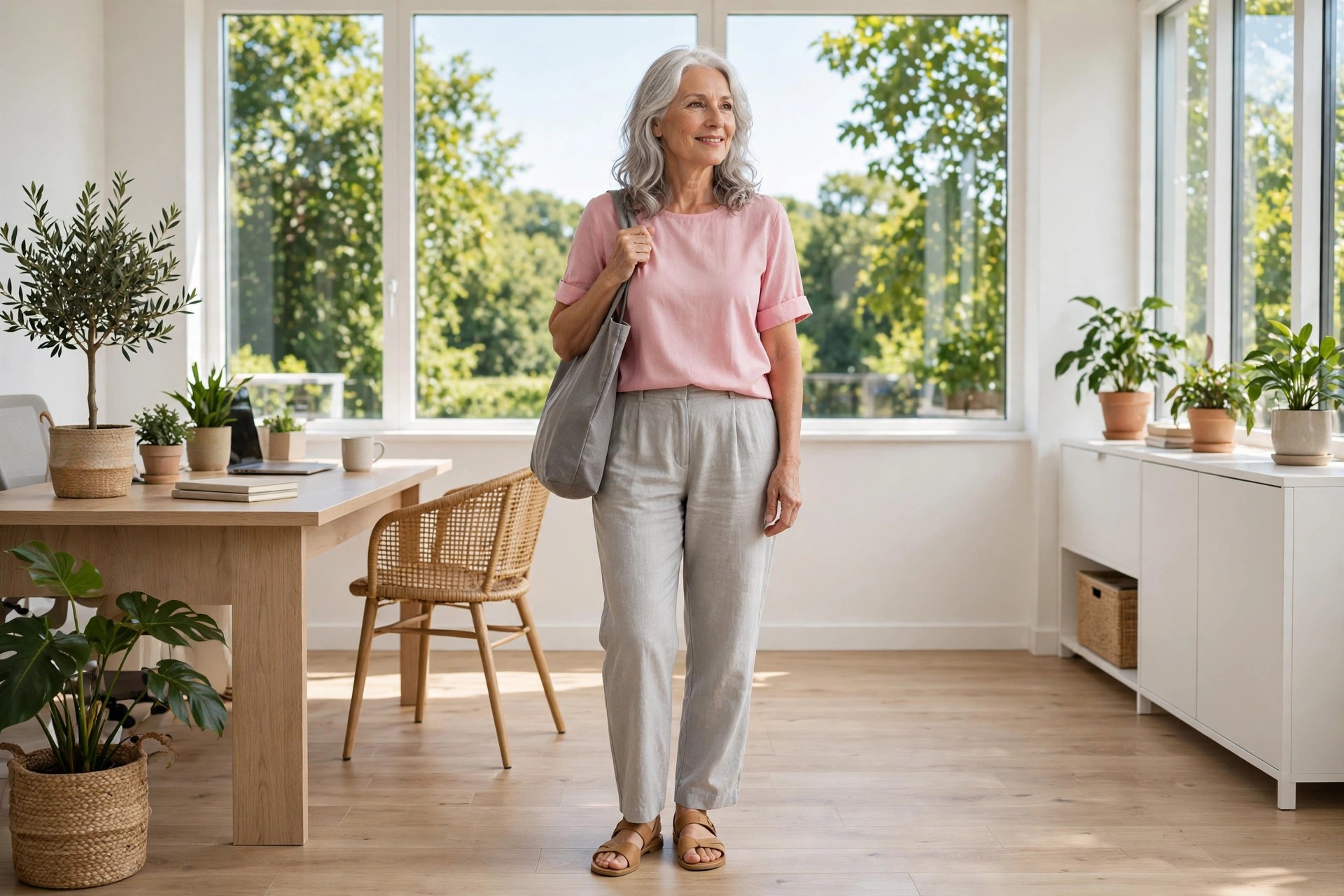 Woman over 50 with silver hair in light grey linen trousers and a soft pink blouse carrying a grey tote in an office