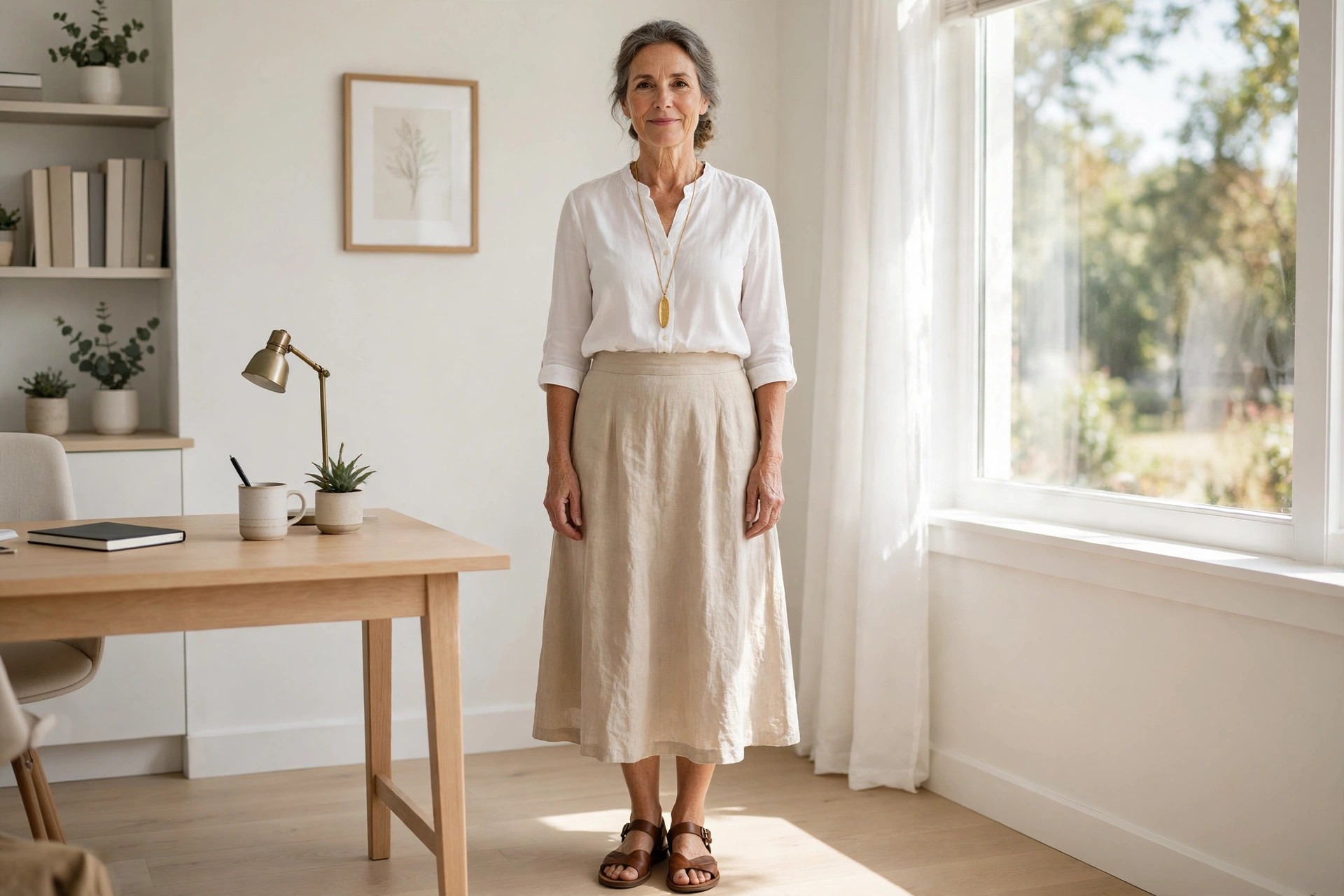 Woman over 50 in a beige linen midi skirt and white blouse with a long gold pendant standing by a sunny office window