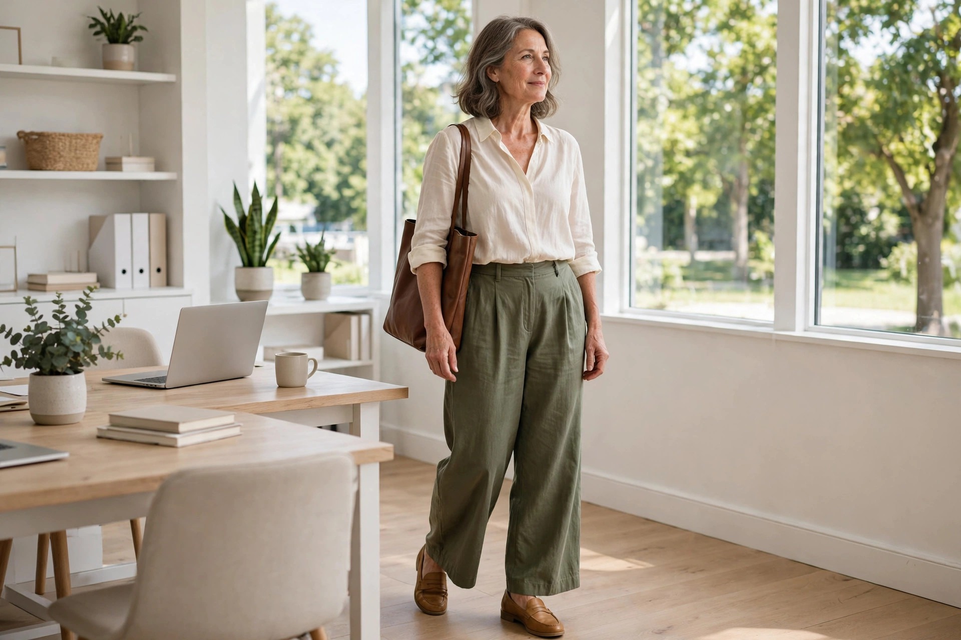 Woman over 50 in olive wide-leg trousers and a cream blouse with tan loafers carrying a brown tote in an office