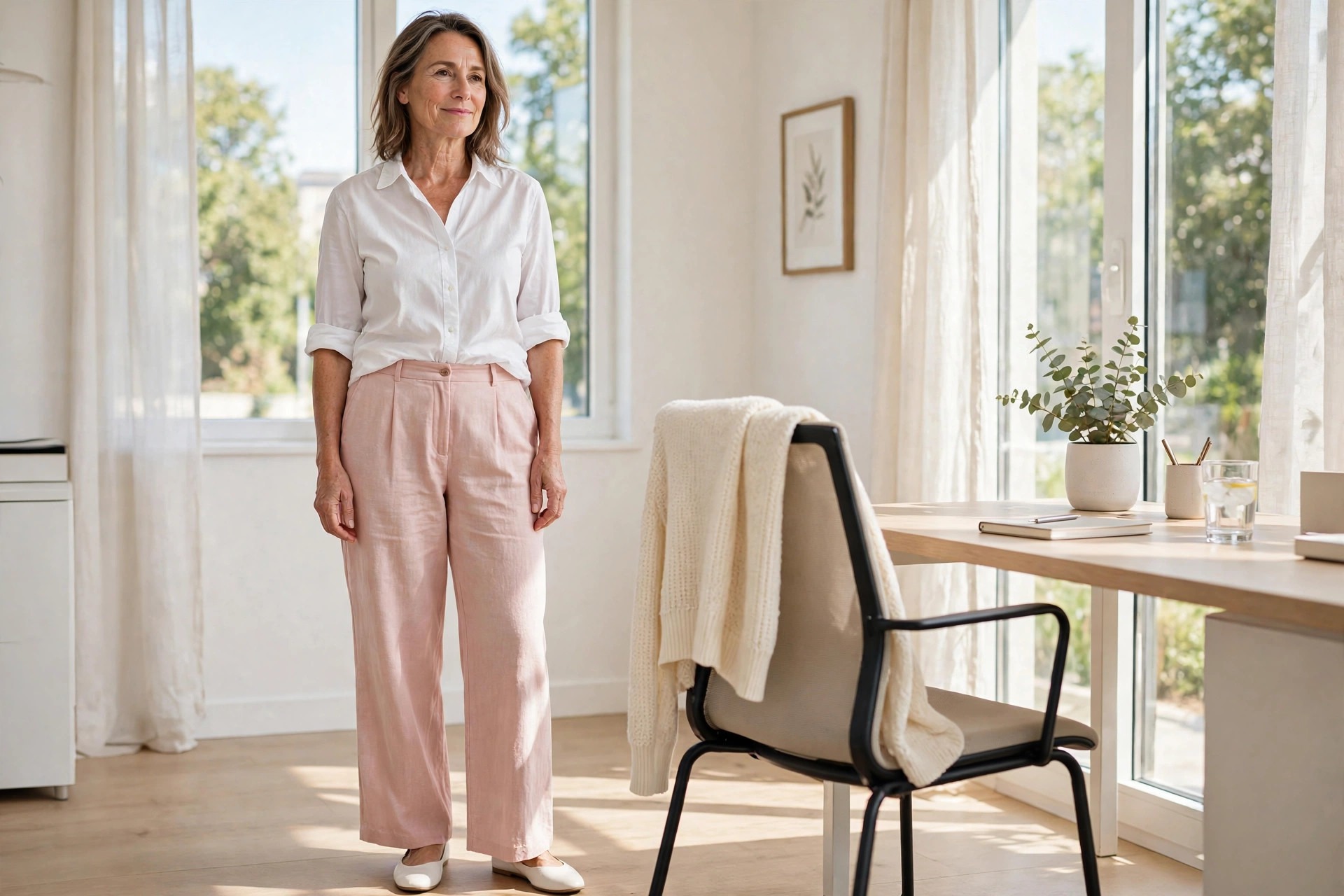 Woman over 50 in blush pink wide-leg trousers and a white shirt with a cream cardigan on the chair beside her in an office