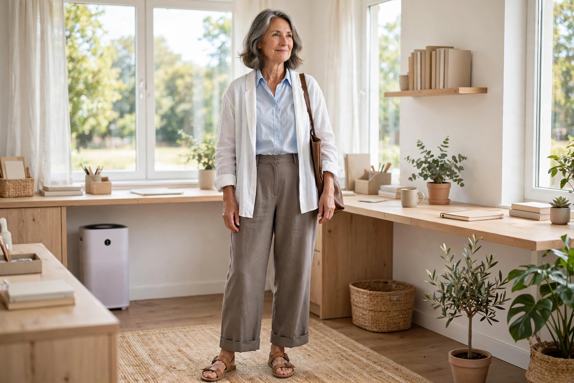 Woman over 50 with grey hair in taupe wide-leg trousers, a pale blue shirt and an open white overshirt with tan sandals in an office