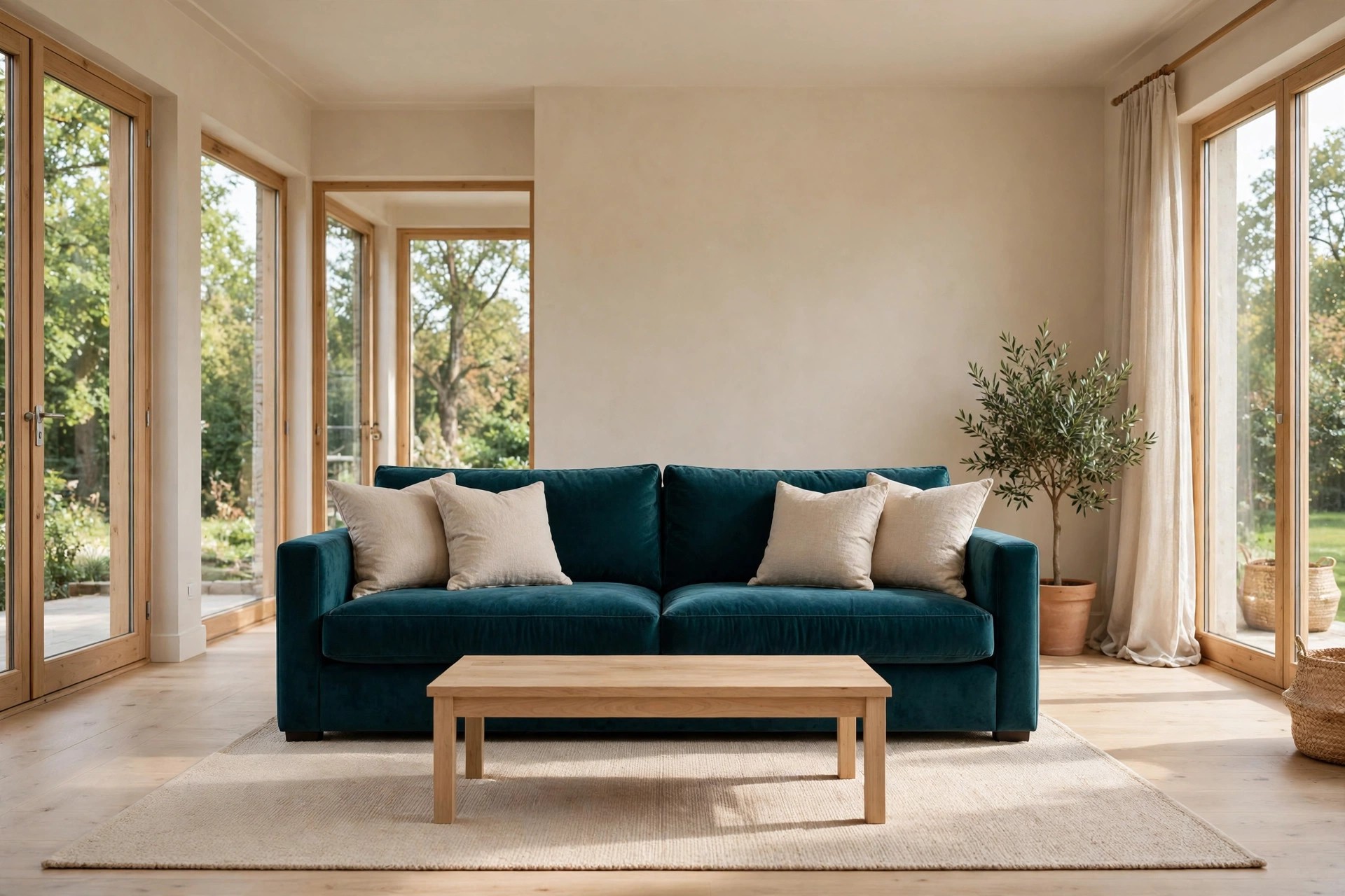 Deep teal sofa with four beige cushions centered on a warm beige wall and pale beige rug, with a light wood coffee table in front
