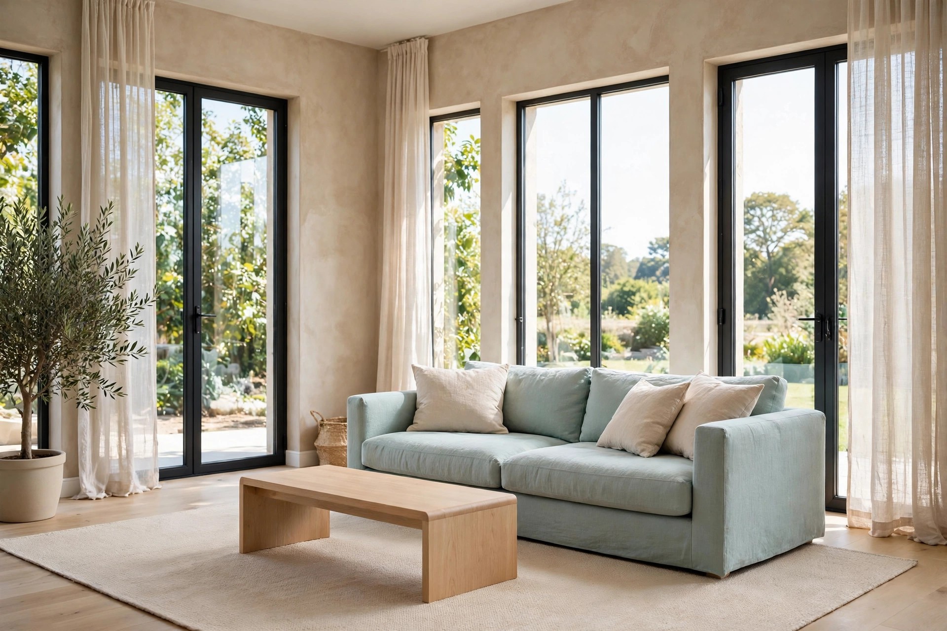 Pale washed teal sofa with beige cushions in a bright room with sandy beige walls, tall windows and a light wood coffee table