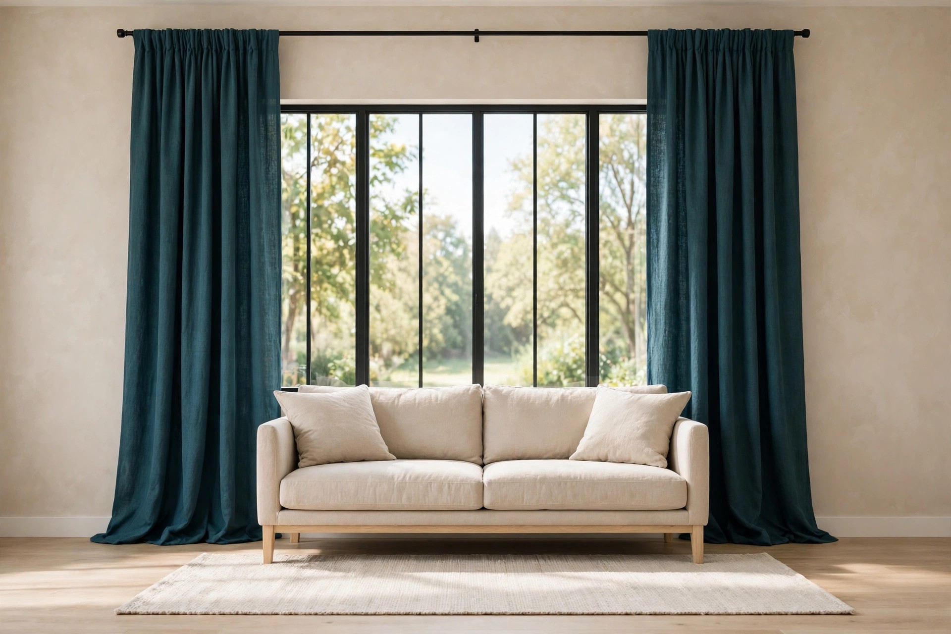 Deep teal floor length curtains framing a large window on a warm beige wall, with a beige sofa and pale rug below