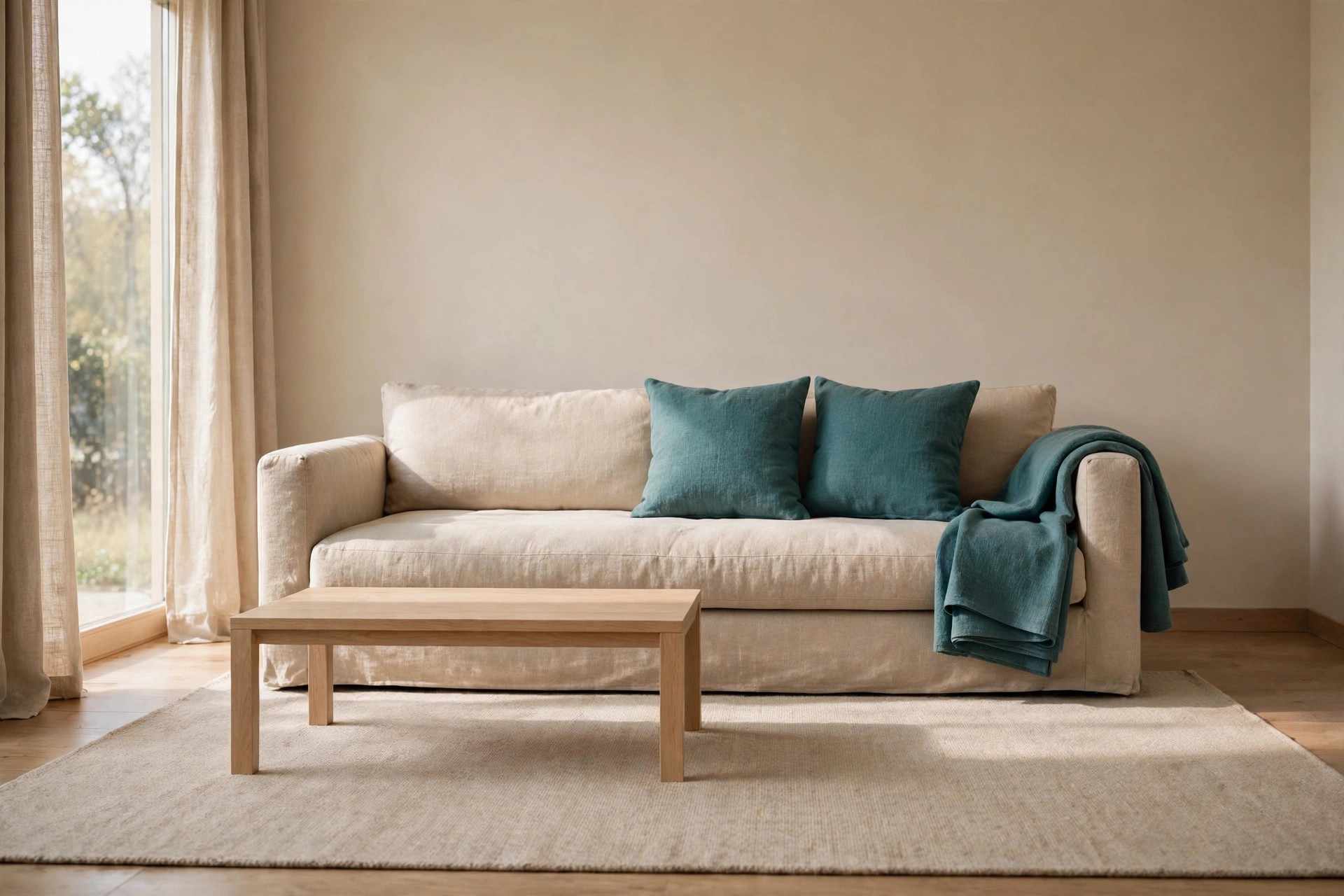 Beige linen sofa with two teal cushions and a teal throw on the arm, on a beige rug with a light wood coffee table