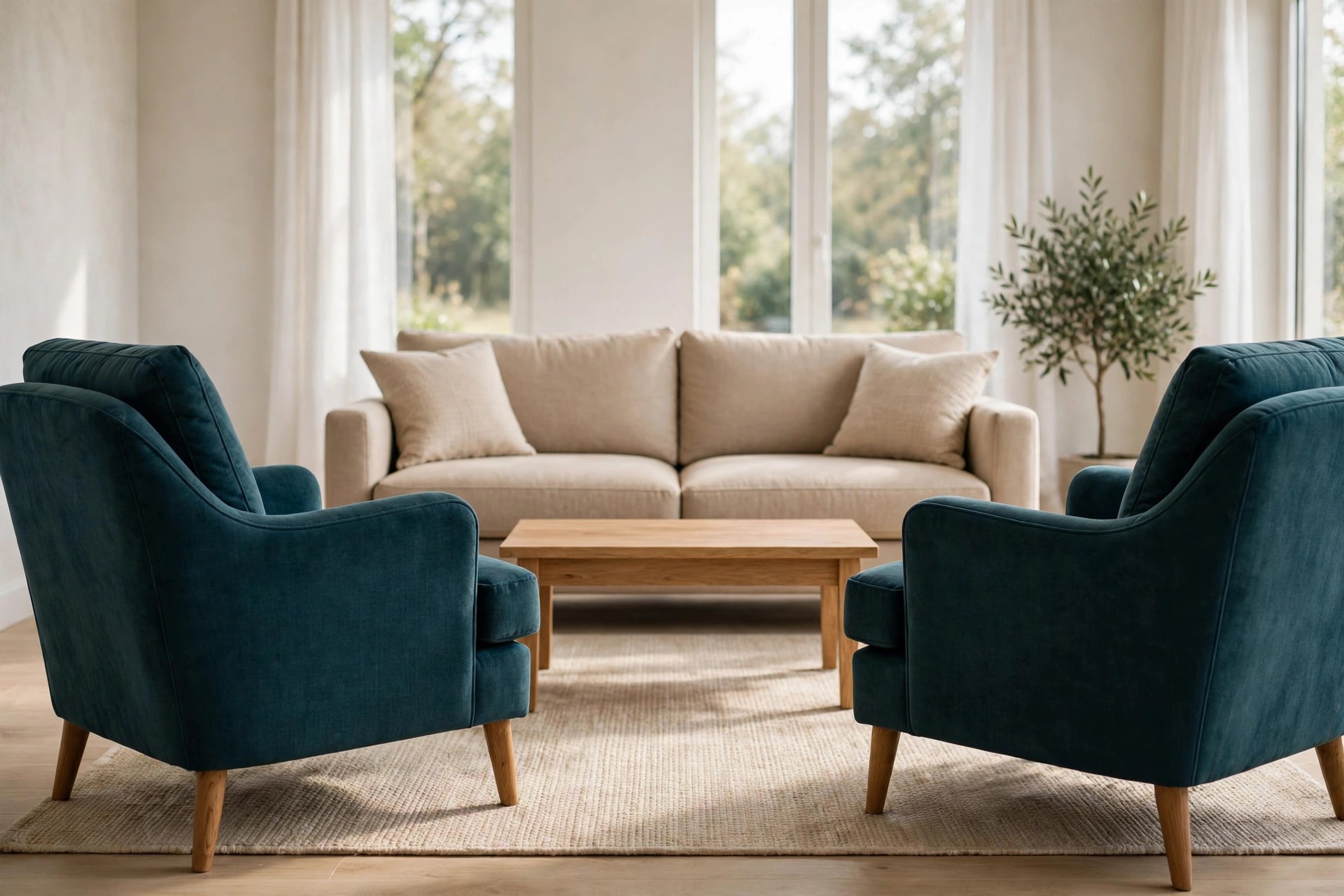 Two deep teal armchairs with wooden legs facing a beige sofa across a wooden coffee table on a beige rug