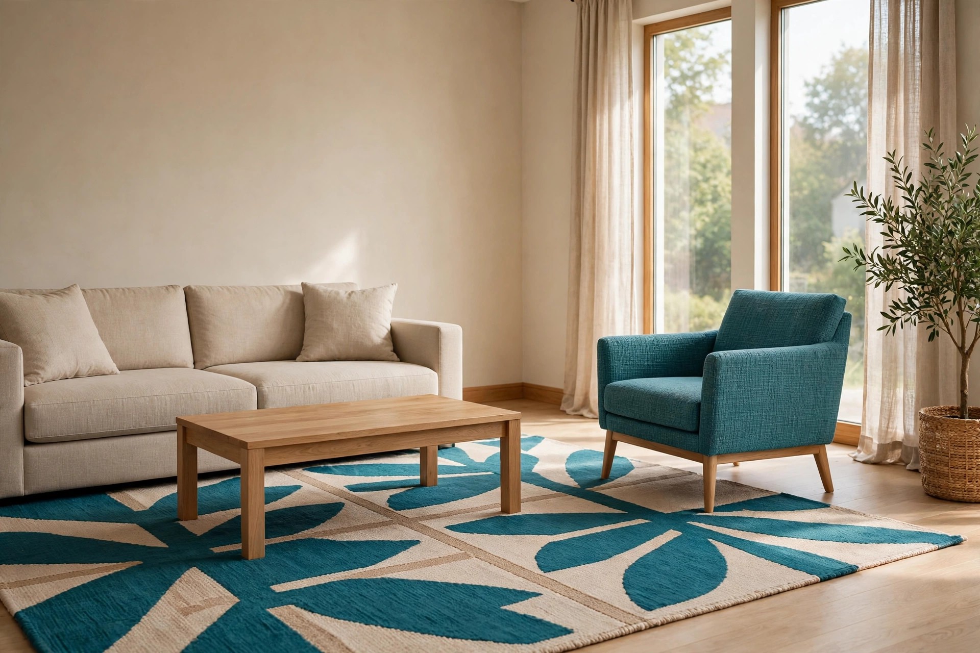 Large rug with a bold teal and beige leaf pattern under a beige sofa, wooden coffee table and teal armchair