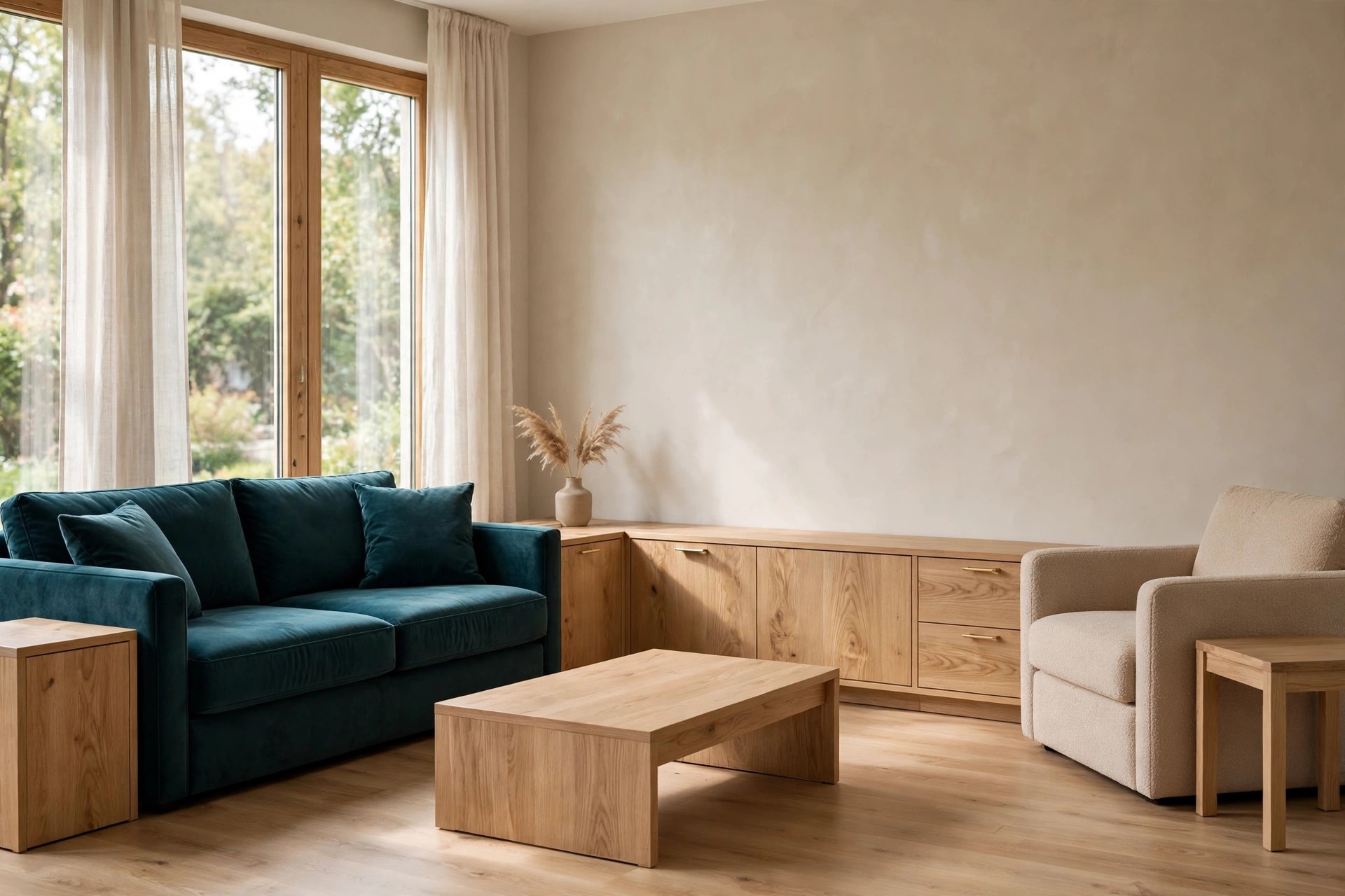 Deep teal sofa and beige armchair linked by a light oak coffee table, side tables and a low oak media unit
