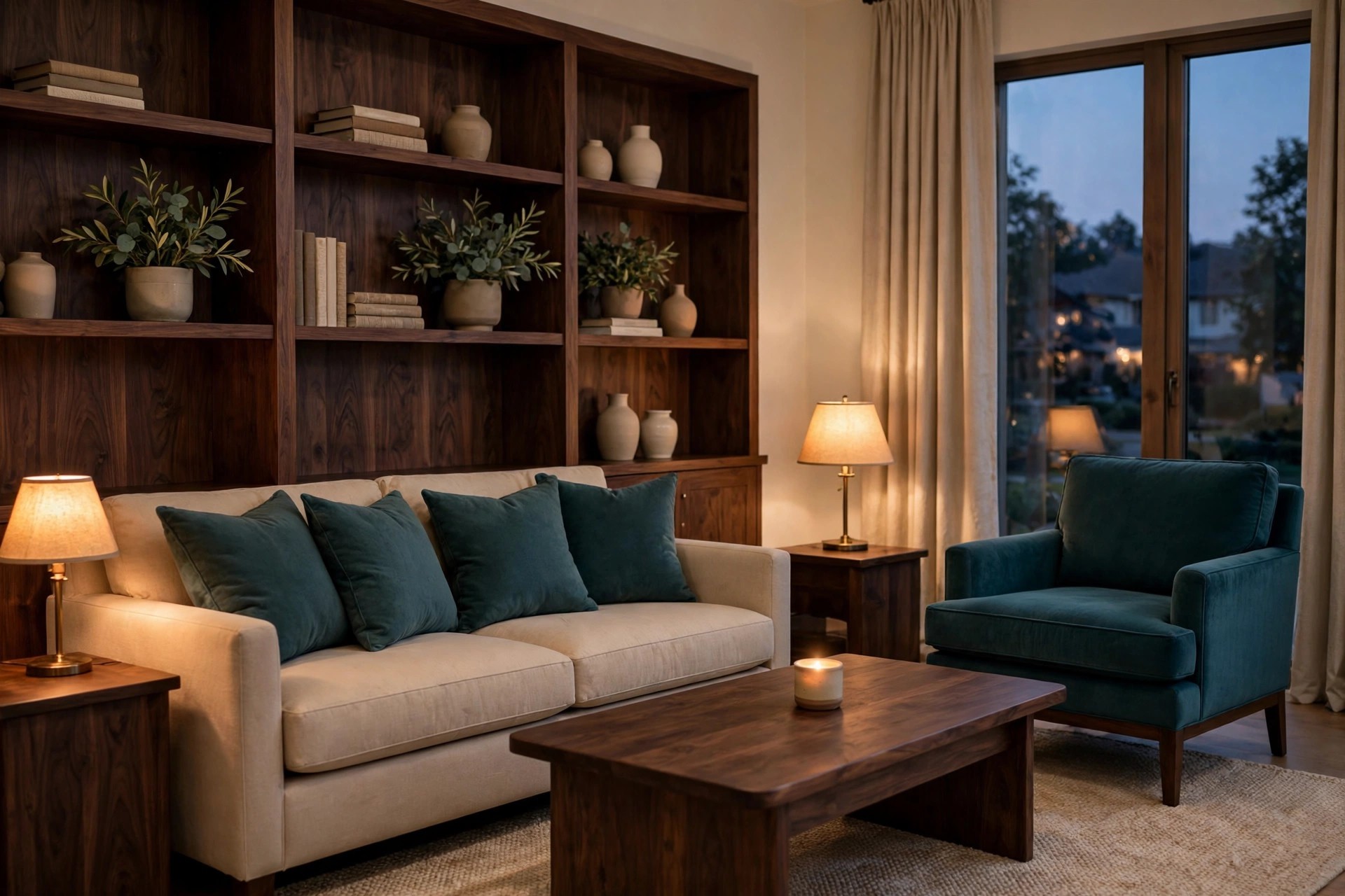 Evening living room with dark walnut shelves and coffee table, a beige sofa with teal cushions, a teal armchair and warm lamps