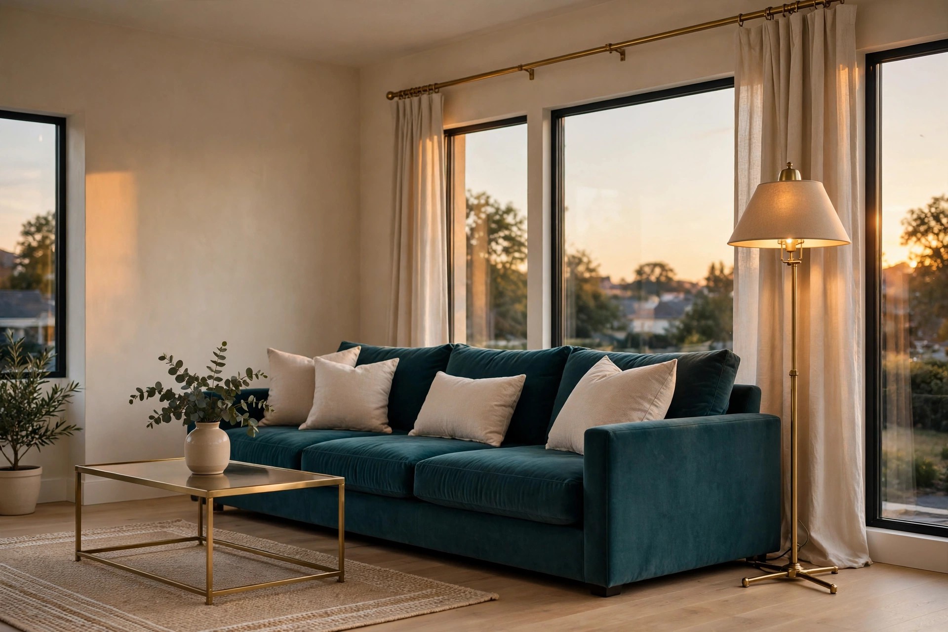 Deep teal sofa with beige cushions beside a brass floor lamp, brass coffee table and brass curtain rod in warm evening light