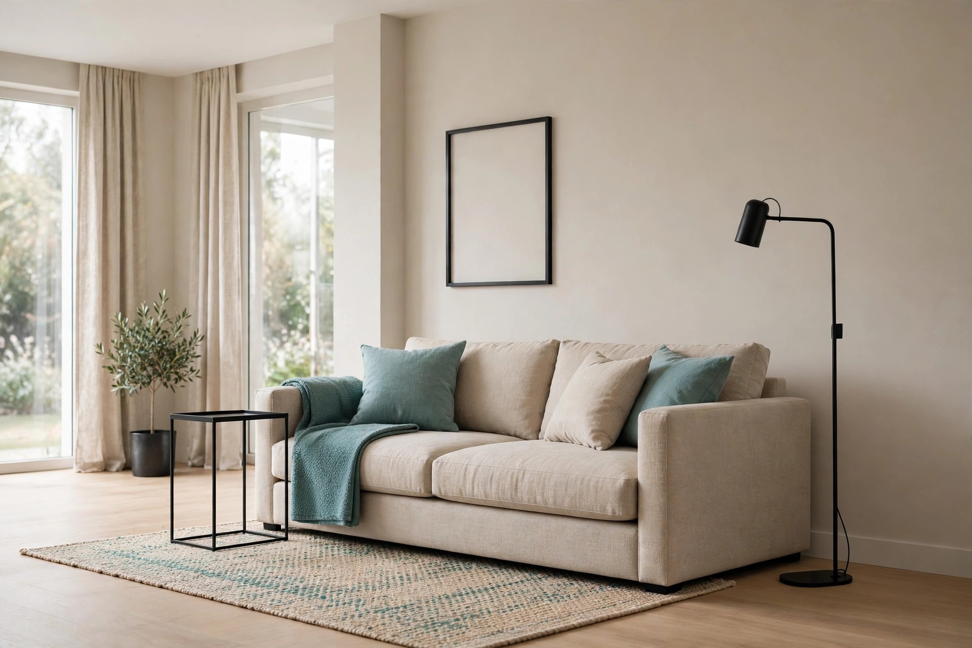 Beige sofa with teal cushions and throw beside a slim black metal floor lamp, black frame side table and black picture frame