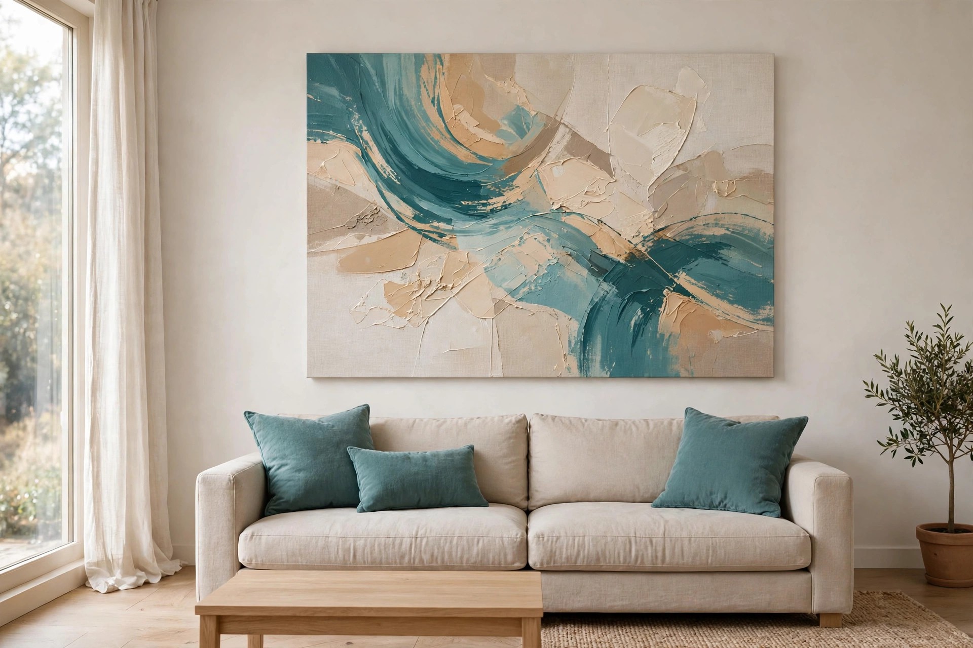 Very large abstract canvas in teal and beige hanging over a beige sofa with teal cushions
