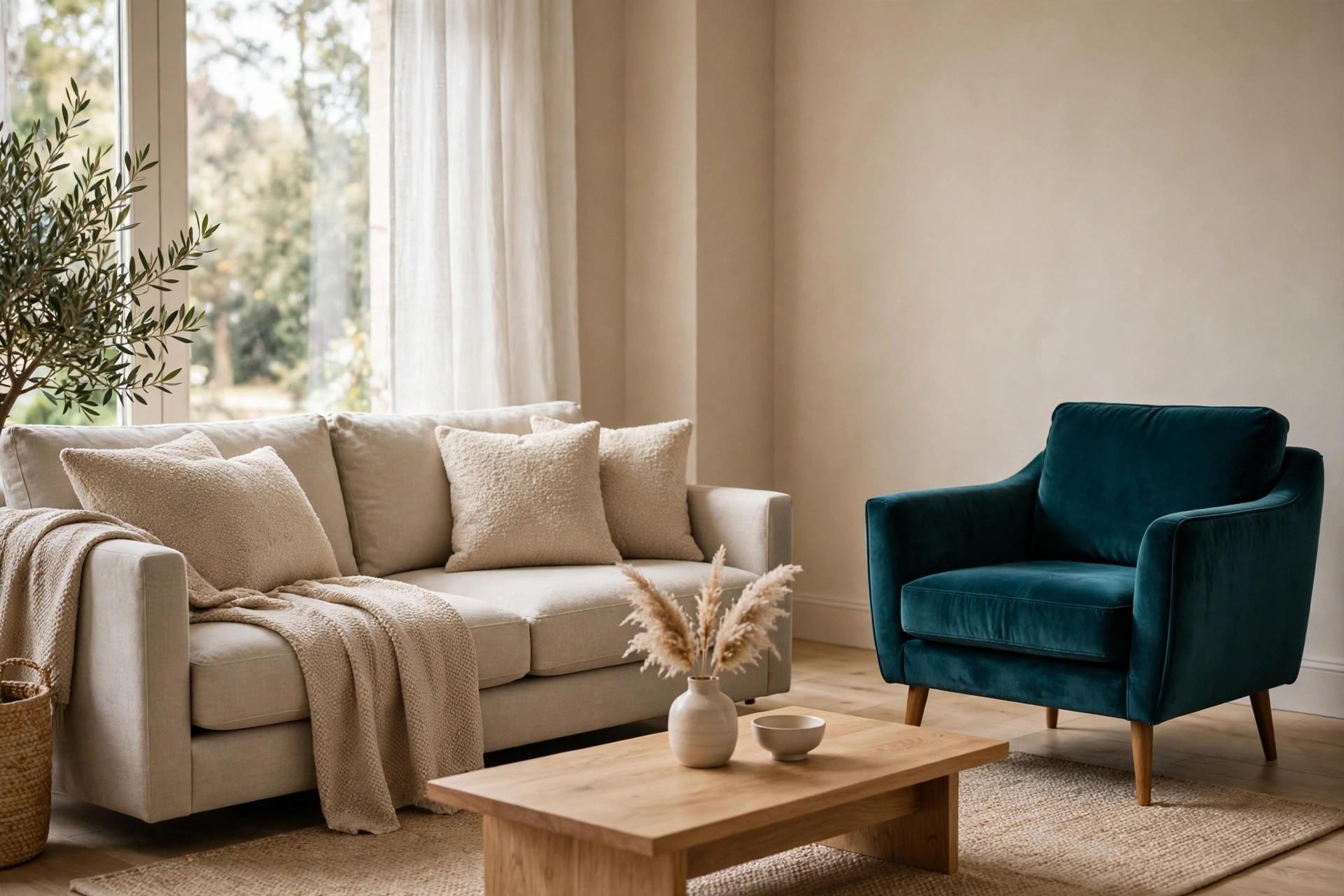 Deep teal velvet armchair beside a beige linen sofa with boucle cushions and a woven beige throw