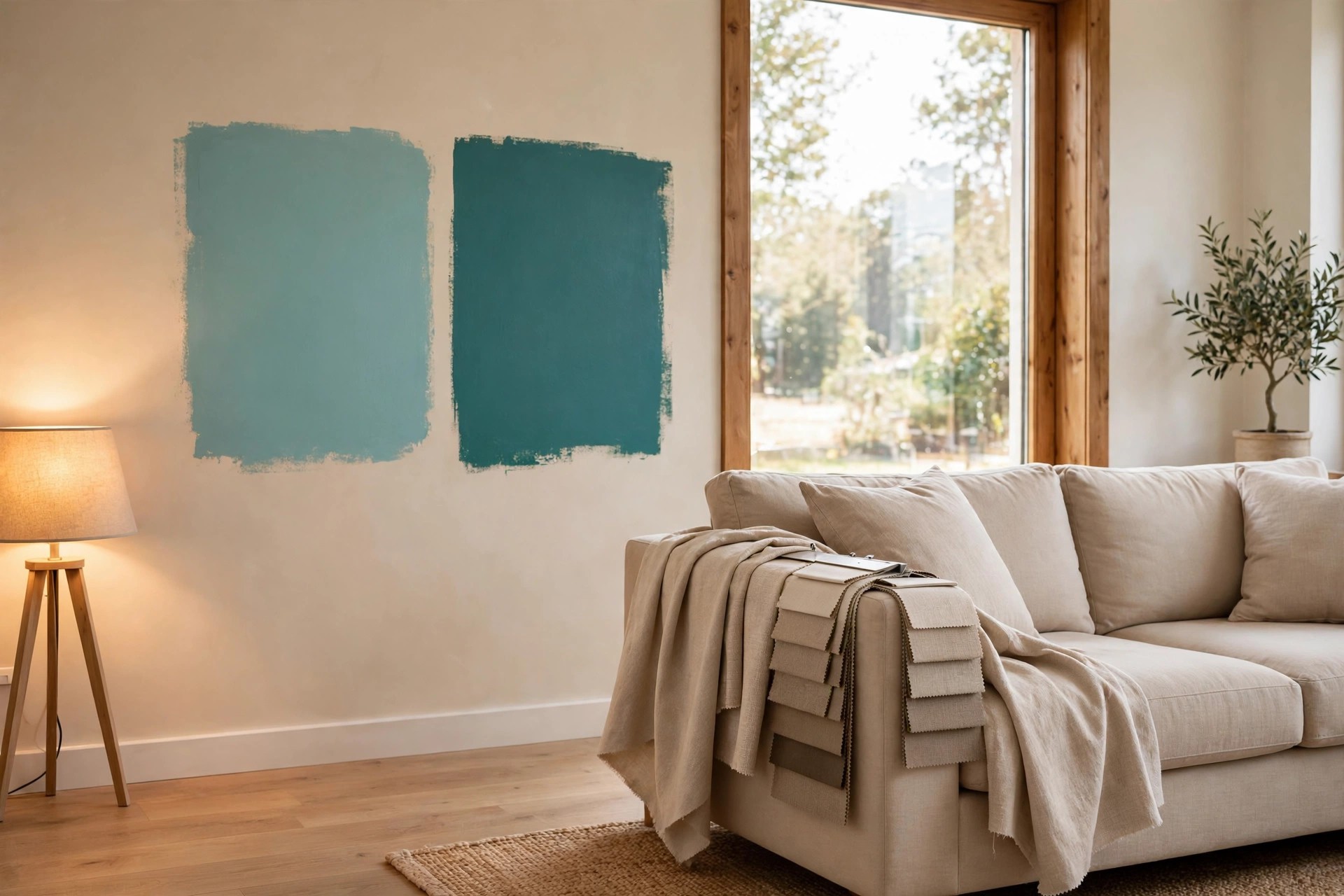 Two large teal paint sample patches on a beige wall beside a beige sofa with beige fabric swatches, a warm lamp and a window