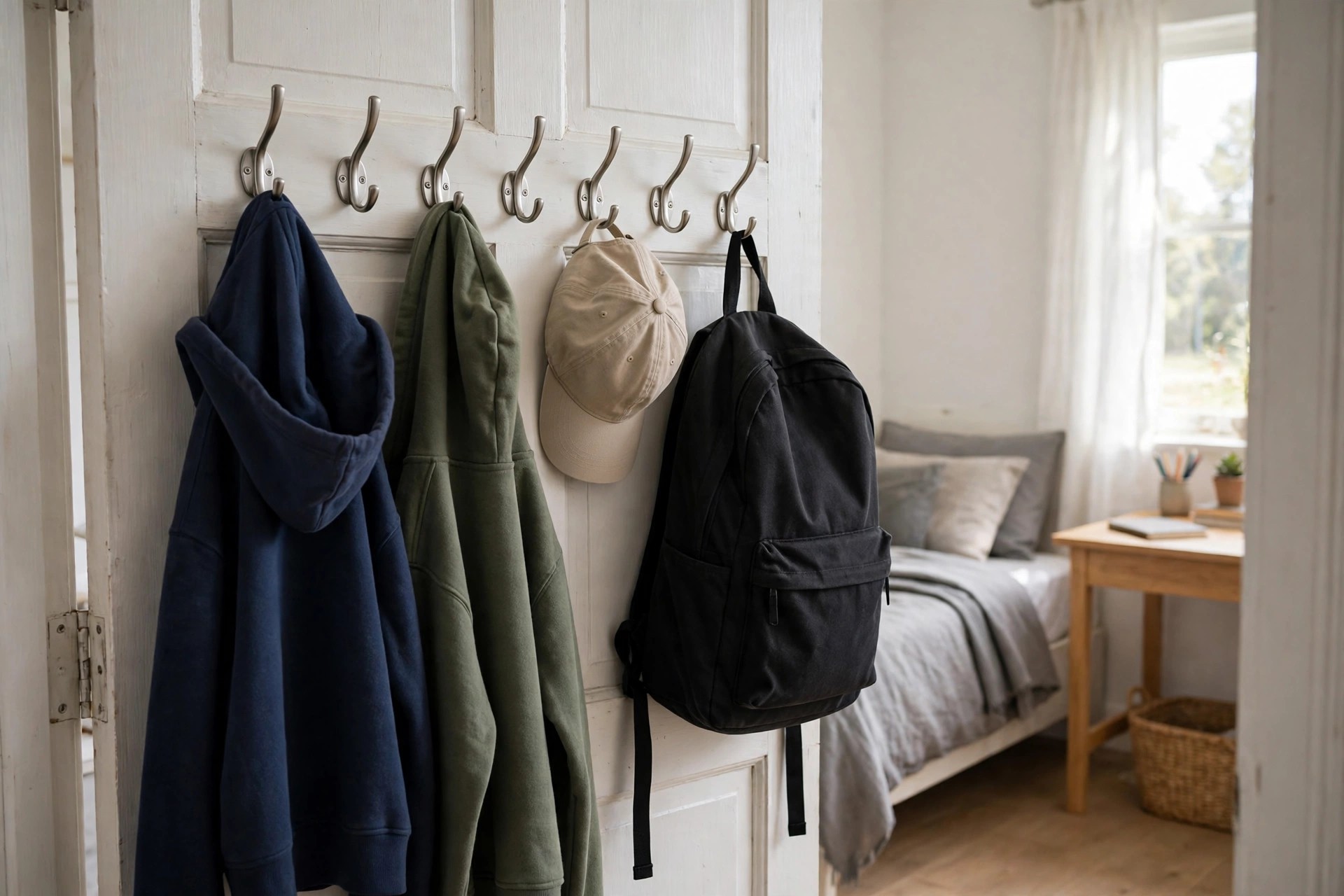 Row of sturdy hooks behind a bedroom door holding hoodies and a school jacket