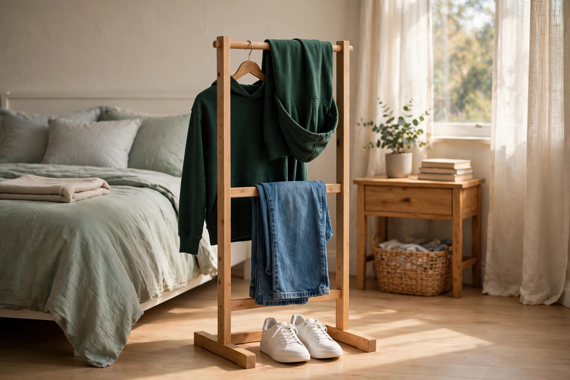 Valet stand with tomorrow's outfit hanging and shoes paired below in a teen bedroom