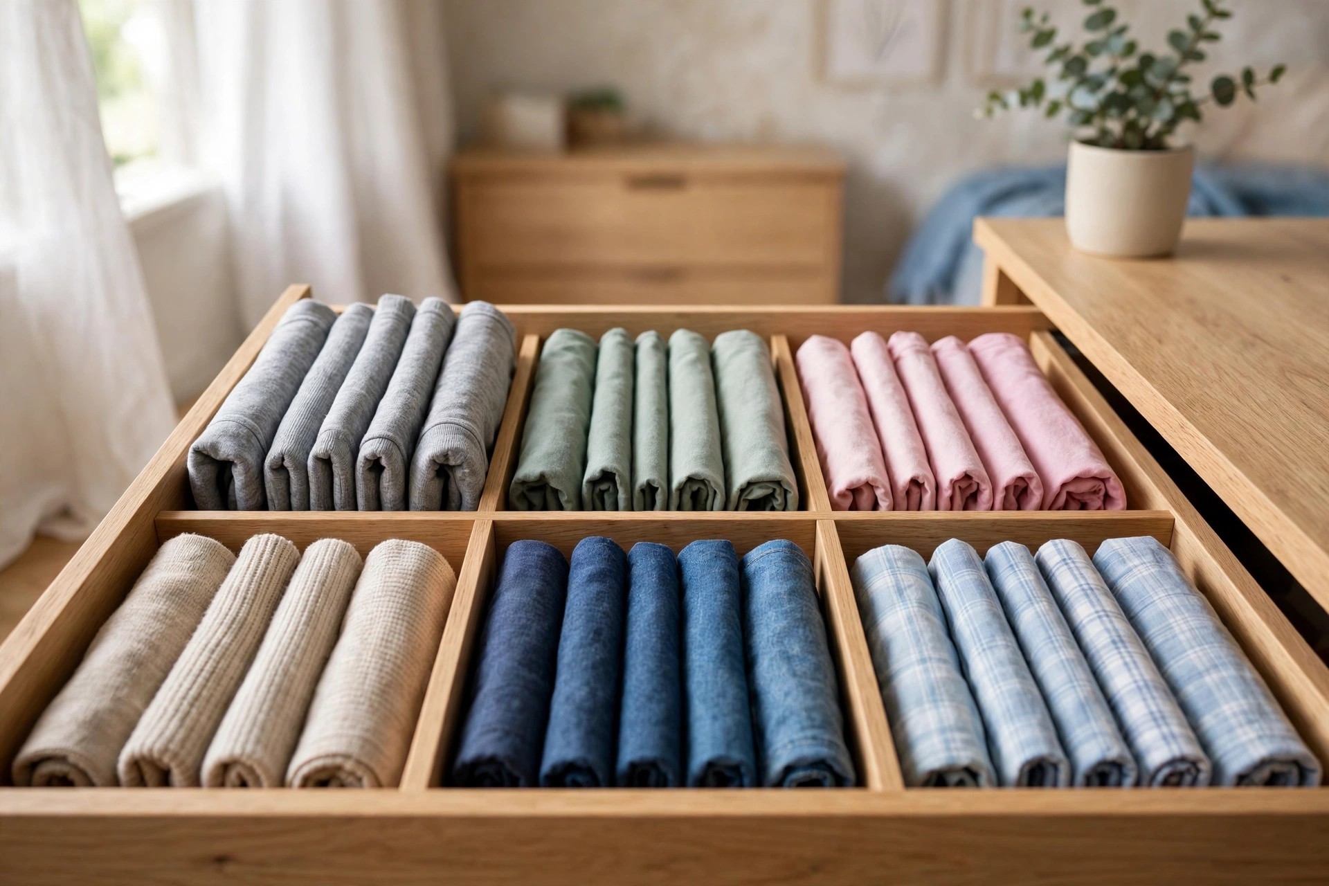 Open drawer with dividers and clothes folded upright in rows so every piece shows
