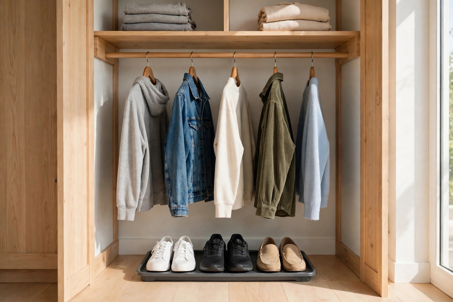 Closet with a clear floor and a low shoe tray holding paired shoes