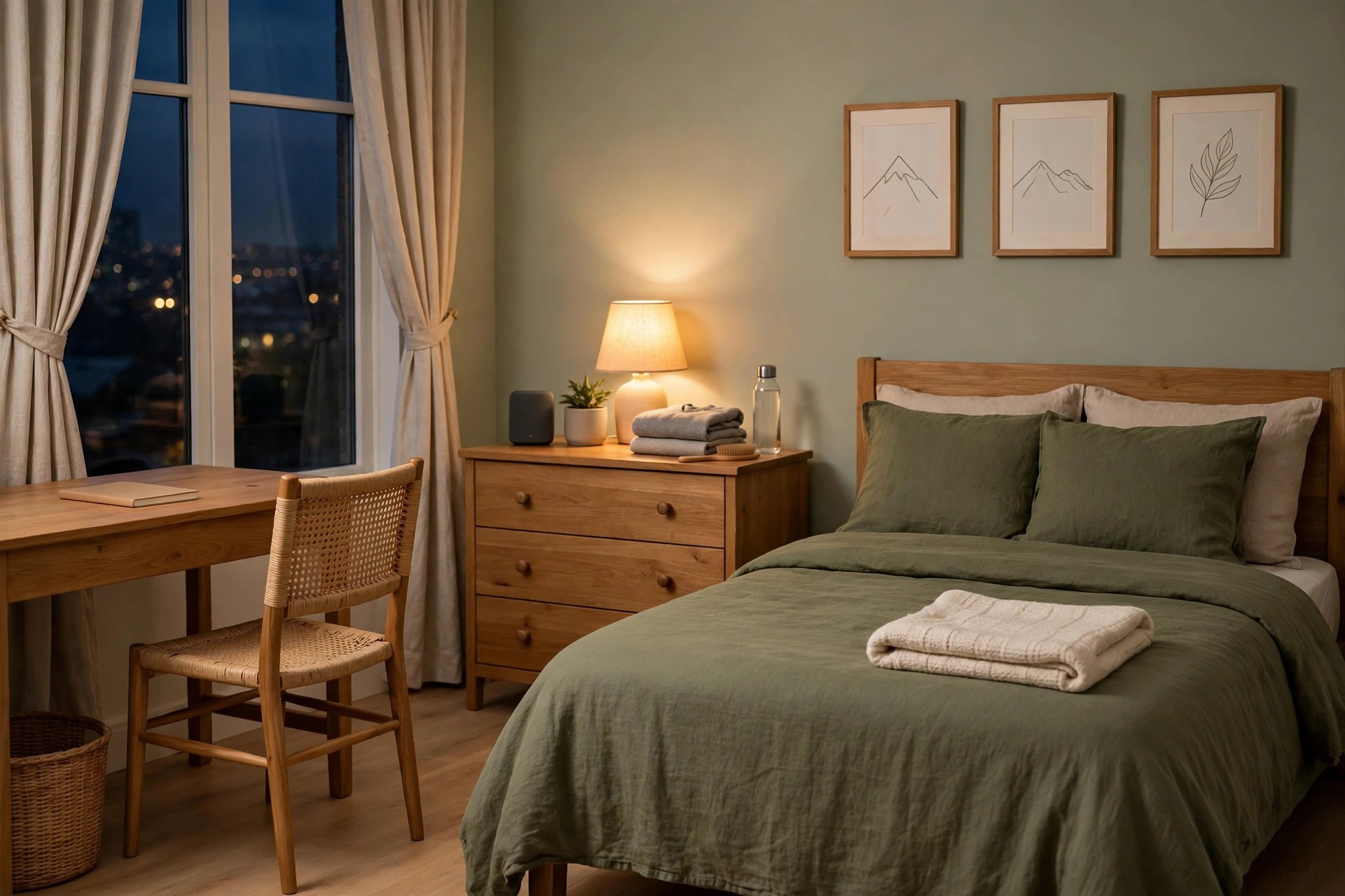 Teen bedroom at night with a completely clear floor and bed made ready for sleep