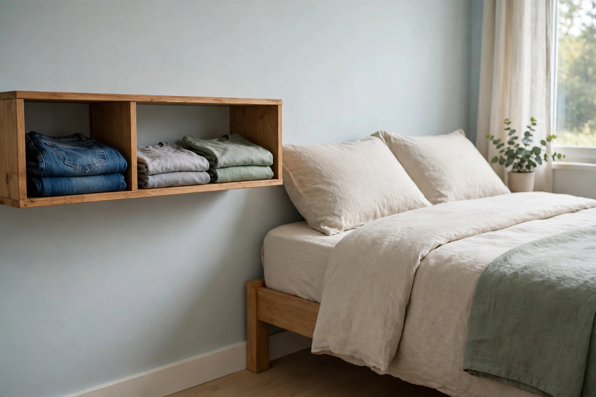 One open shelf with a short stack of folded jeans and a hoodie for repeat wear