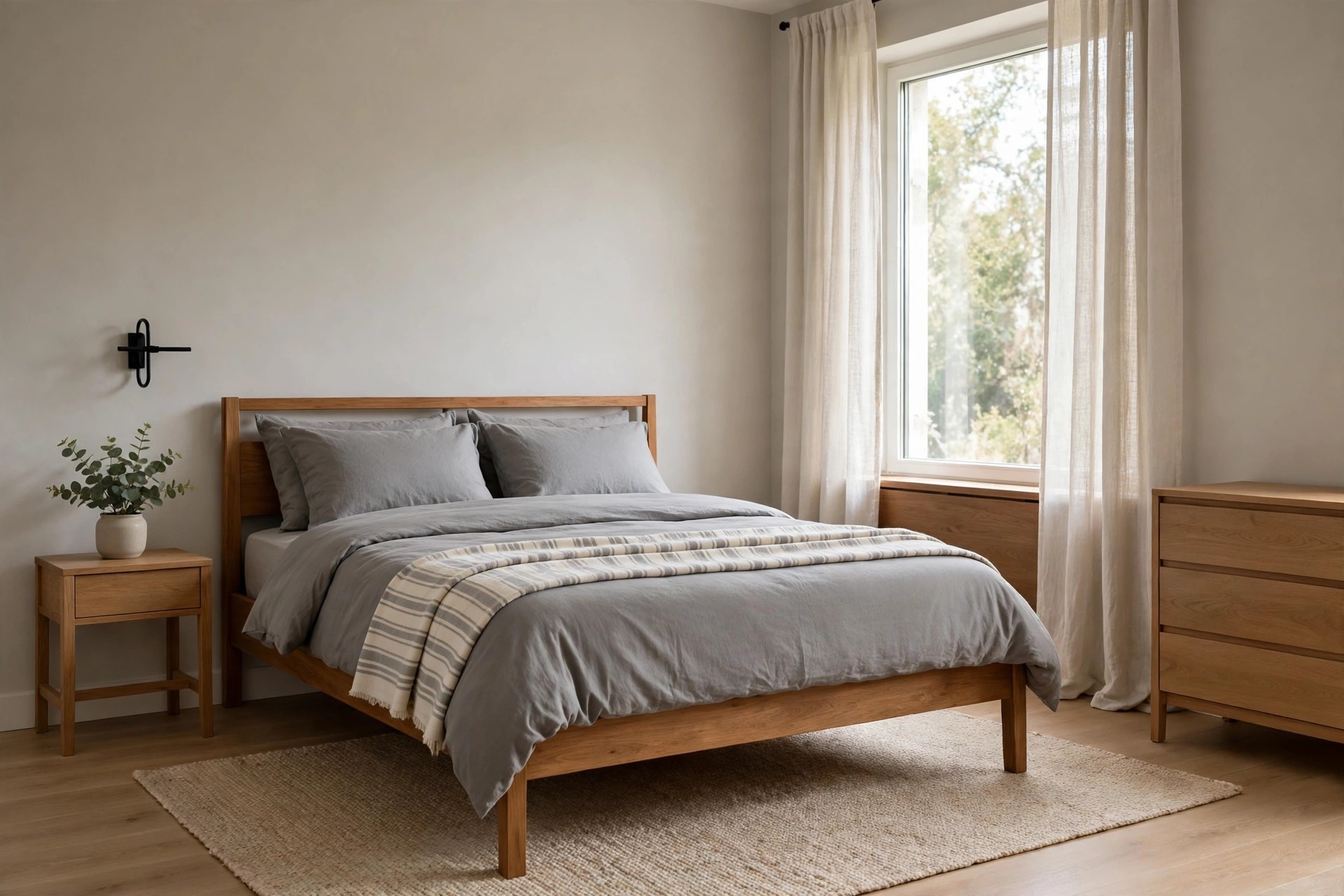 Plain wood bed frame with solid gray bedding and a striped throw