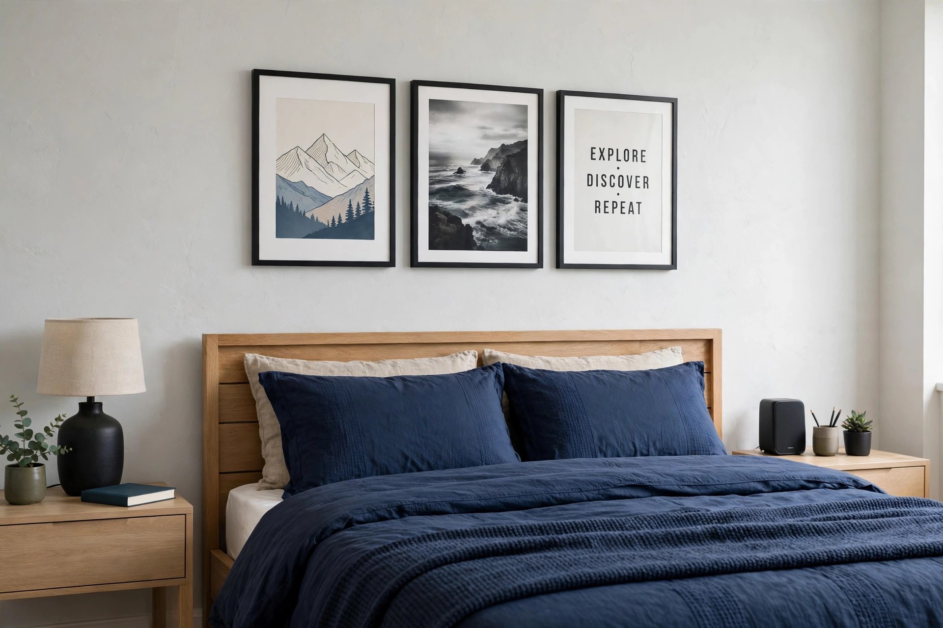 Three black framed prints in a row above a navy bed