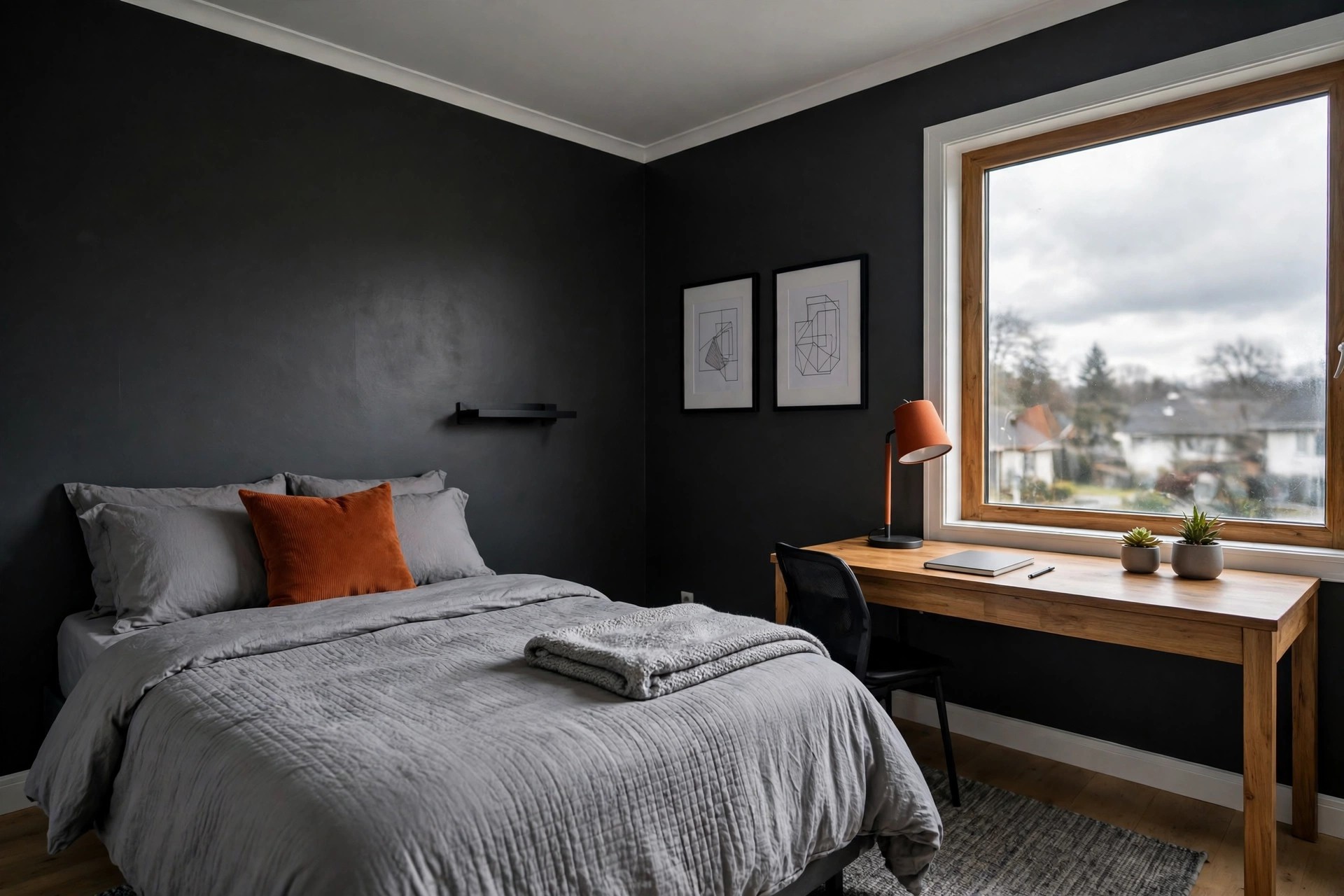 Charcoal walled teen bedroom with gray bedding and an orange cushion and lamp as accents