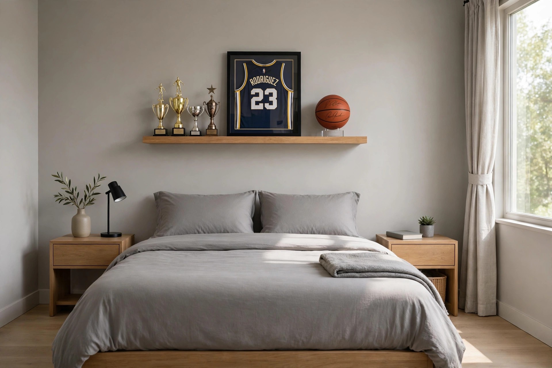 Wall shelf with trophies, a framed jersey and a signed ball above a gray bed