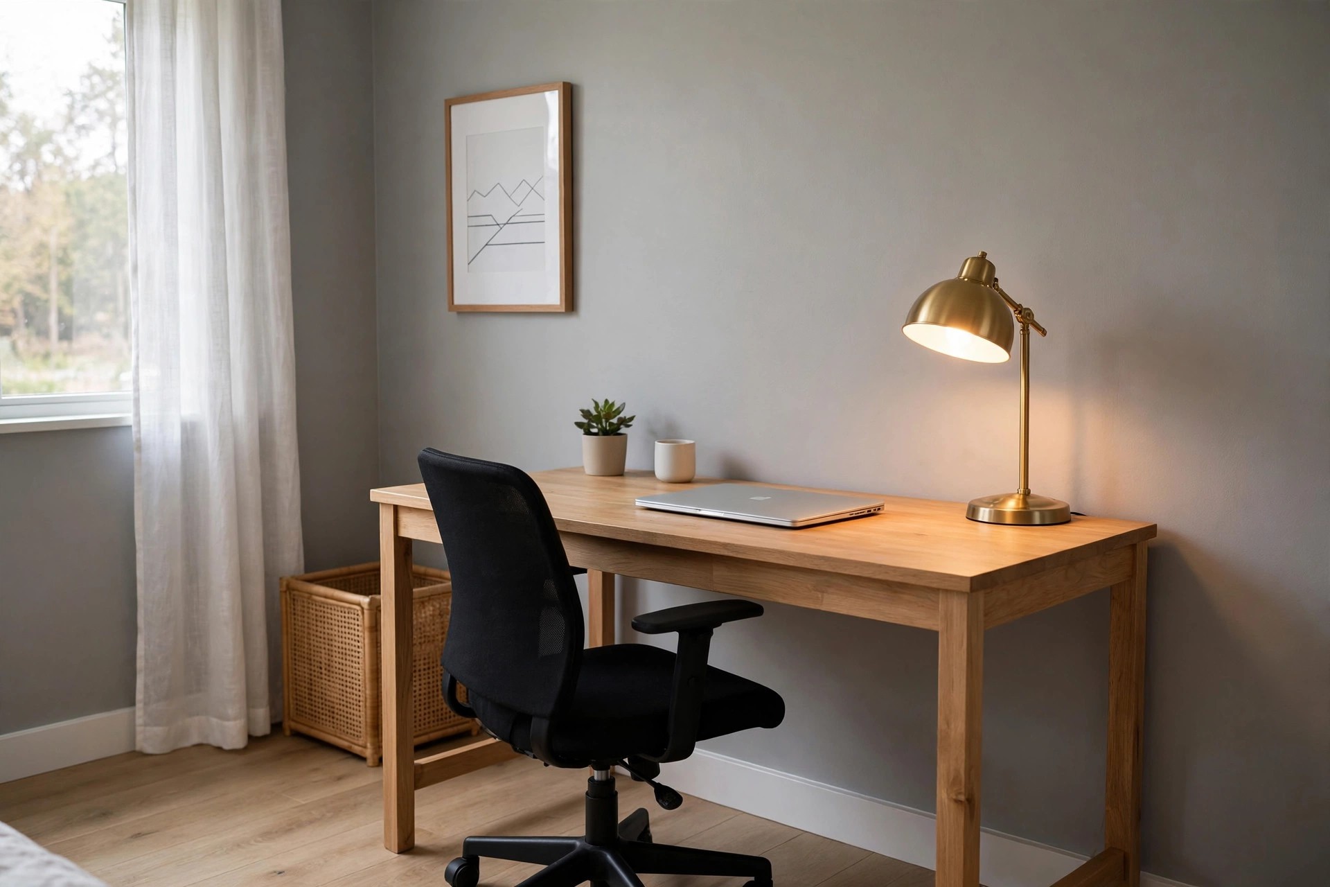Black office style chair at a simple wood desk with a laptop