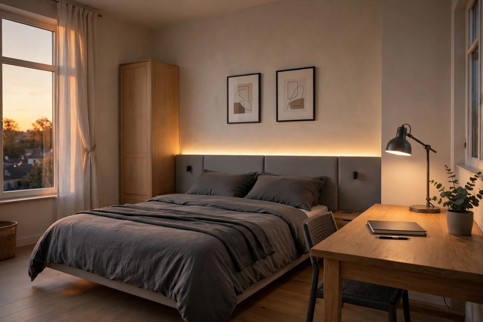 Dark bedding with a warm light strip glowing behind the headboard at dusk