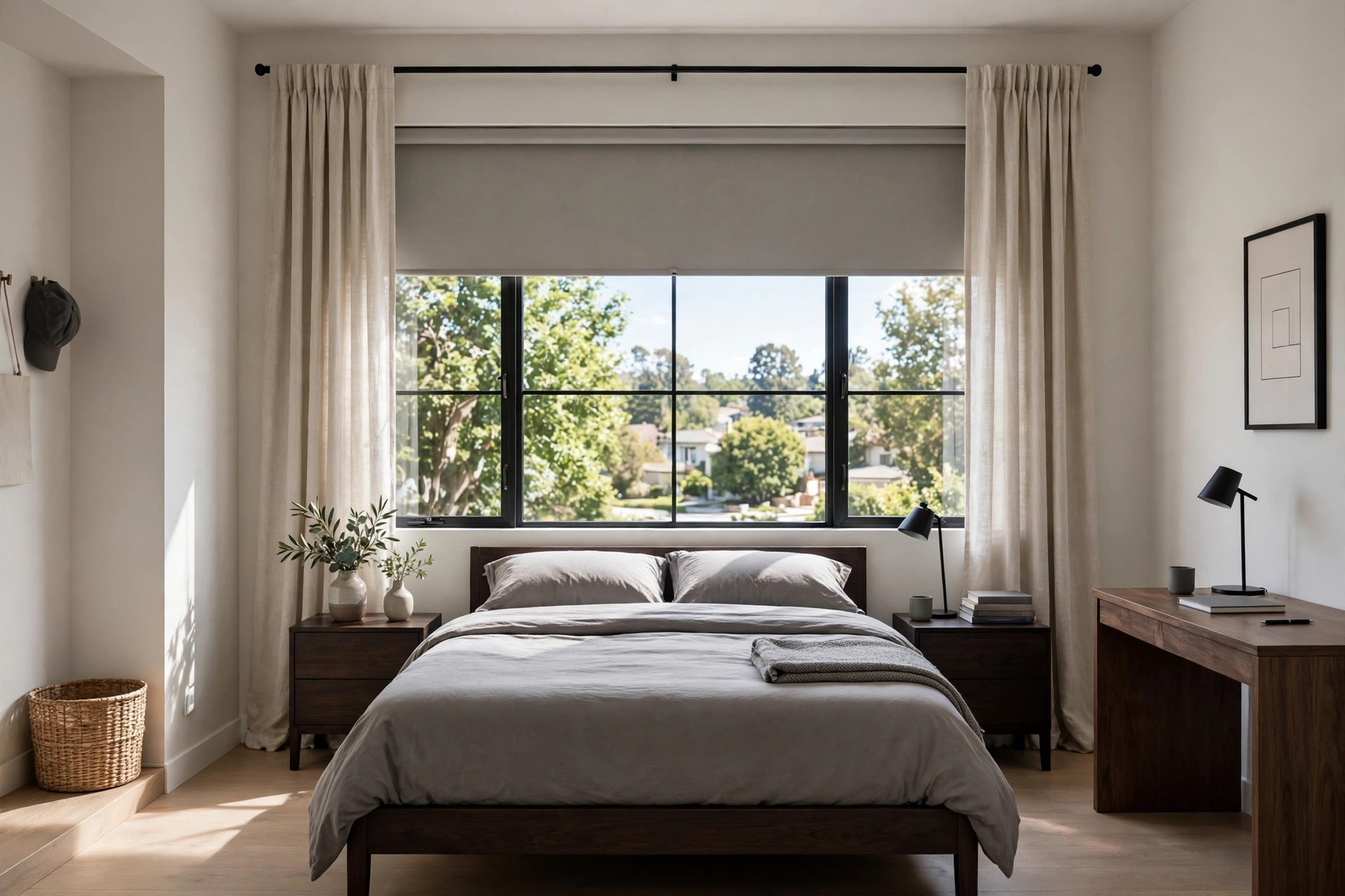 Plain linen curtains and a roller blind at a large window above a dark wood bed