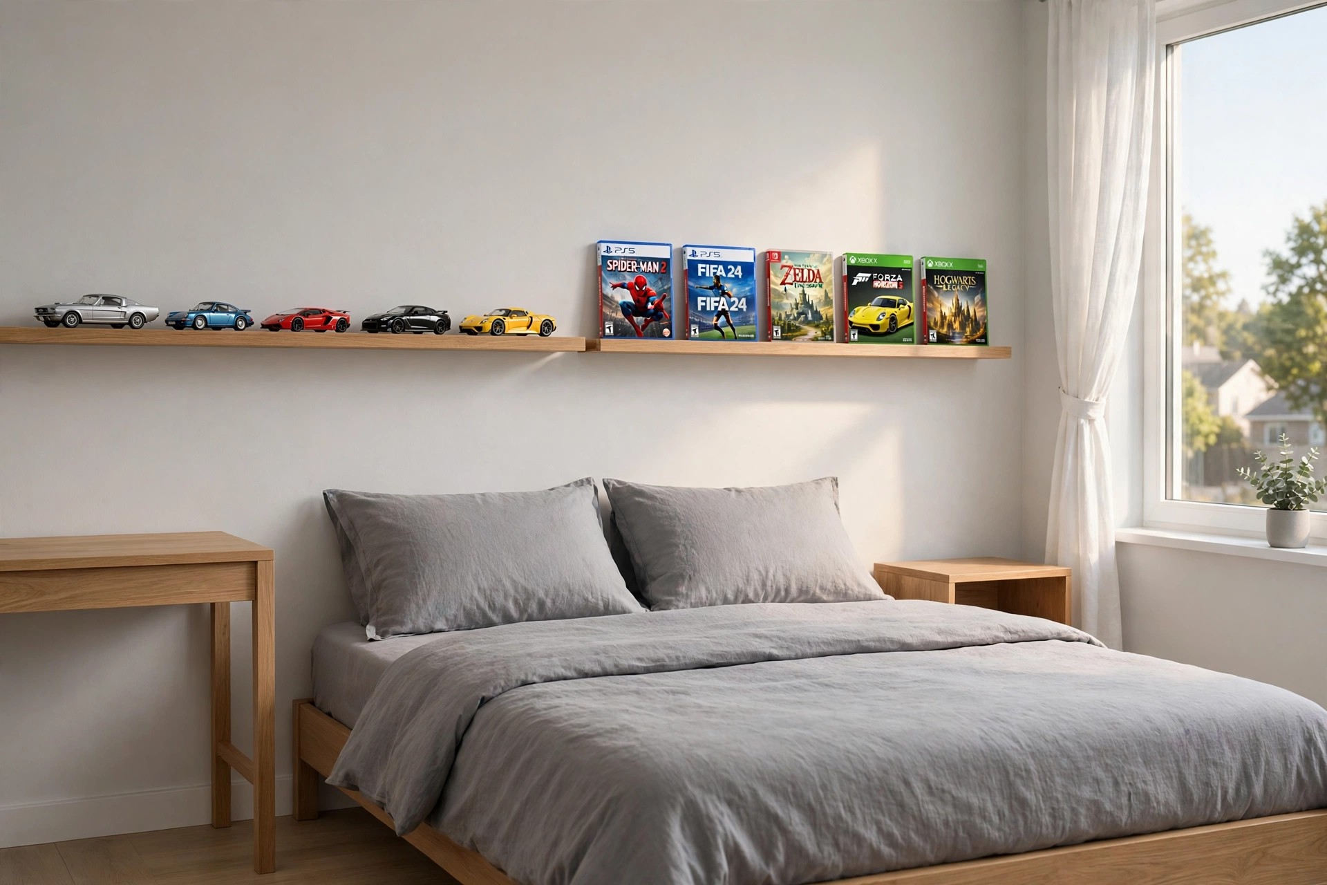 Wall shelf with model cars and video game cases spaced in groups above a bed