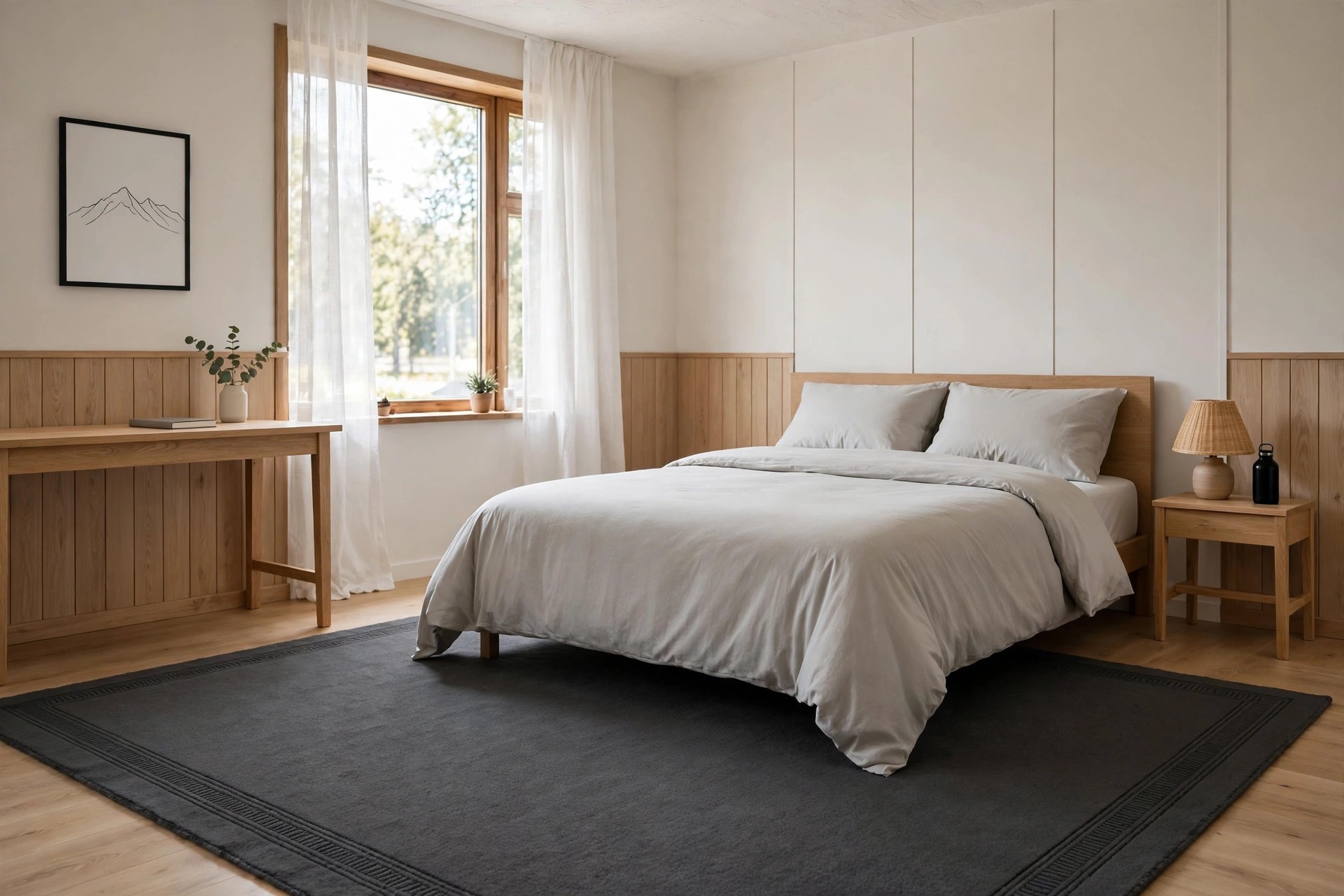 Large charcoal rug with a stitched border under a bed with light gray bedding