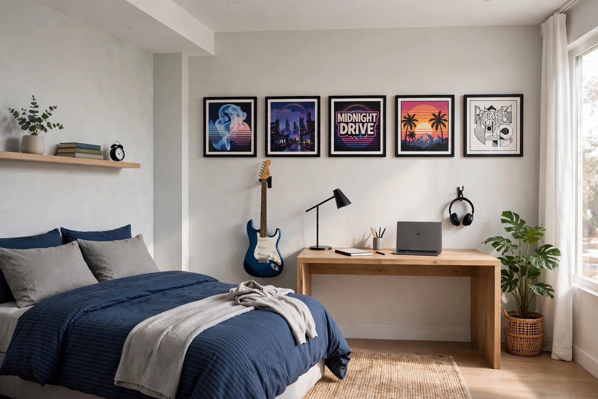 Blue electric guitar hanging on the wall beside a desk with framed album art above