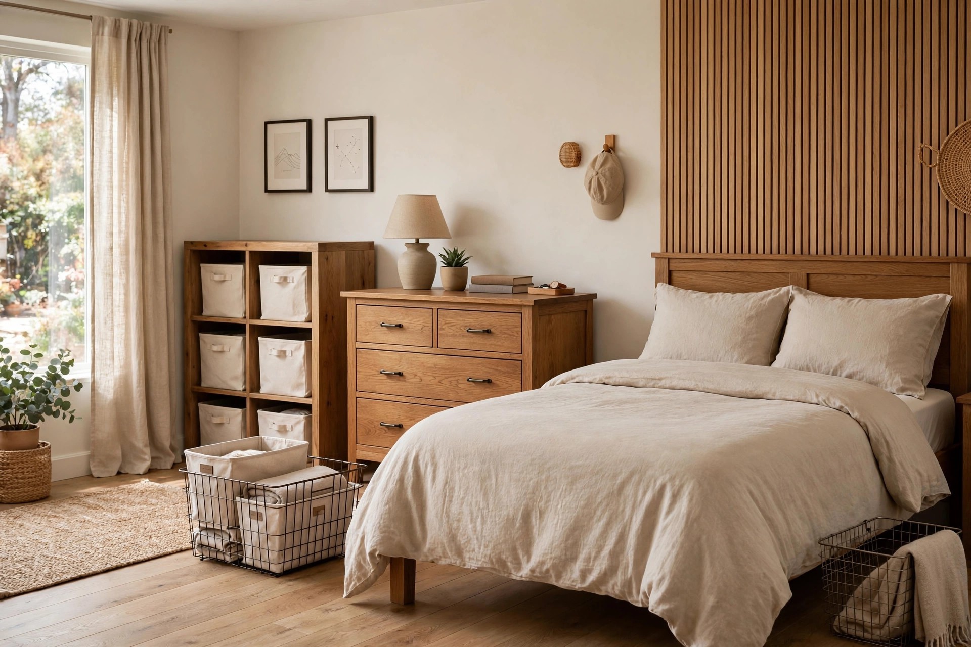 Wood dresser and cube shelf with canvas bins and wire baskets in a teen bedroom